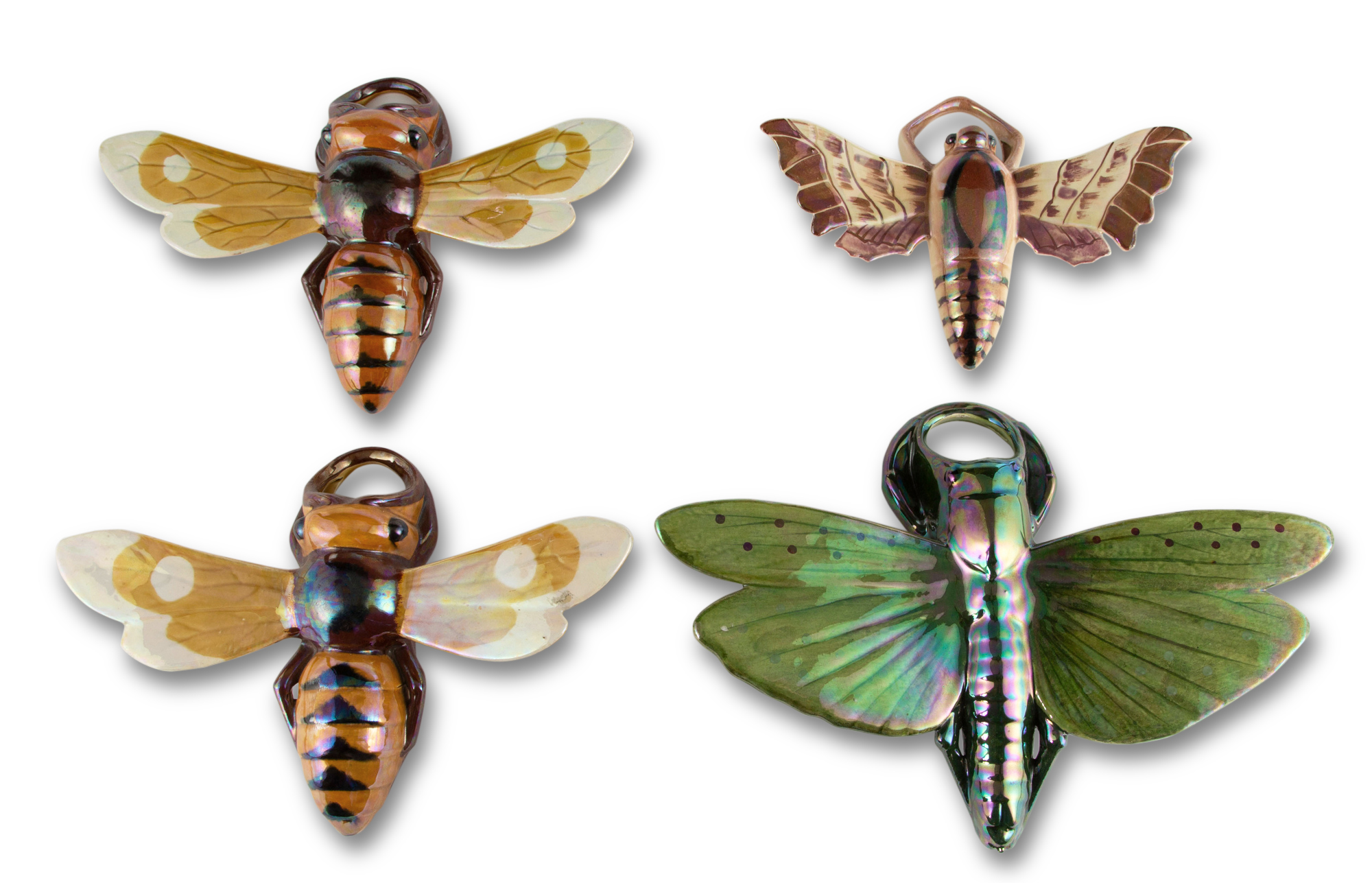 Lot image - Group of Sarreguemines Barbotine Majolica Iridescent Insect Form Wall Pockets
