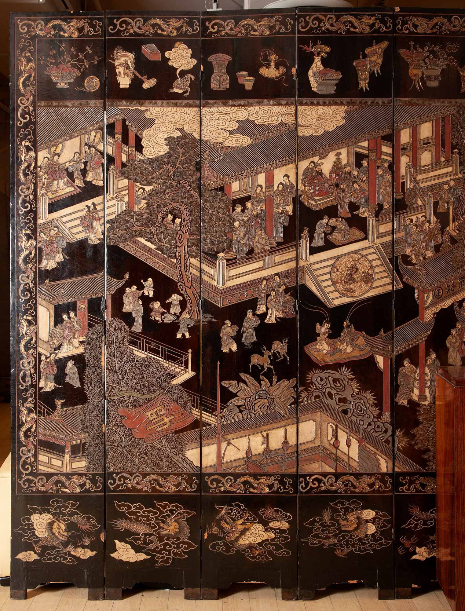 Lot image - Chinese Polychrome-Decorated Coromandel Lacquer Eight-Panel Screen