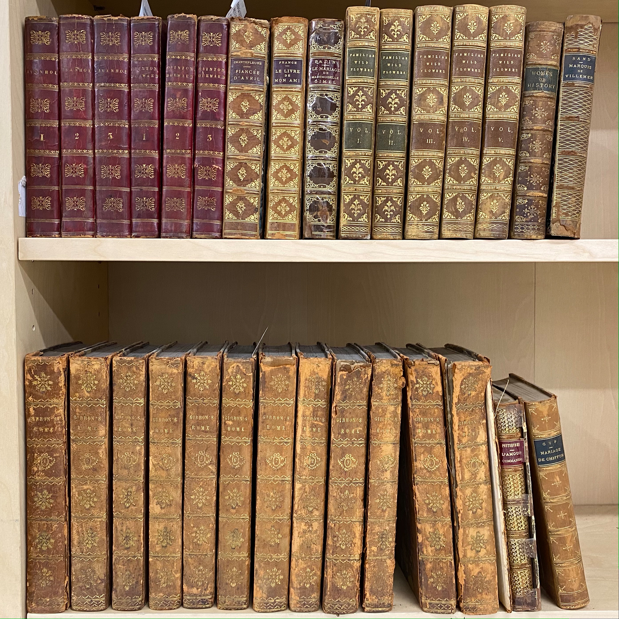 Lot image - [BINDINGS]  Approximately thirty leatherbound volumes.