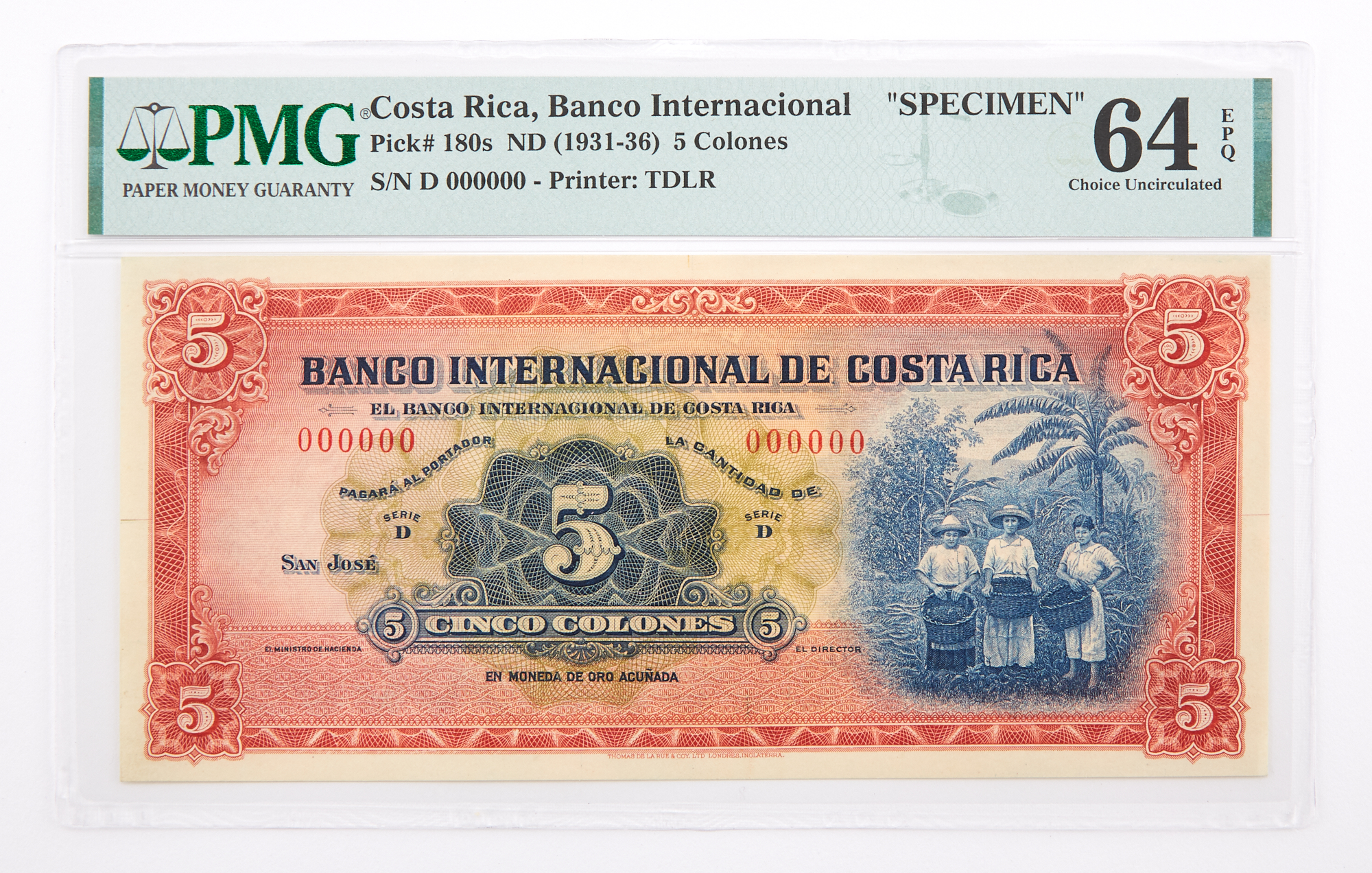 Lot image - Costa Rica, Banco Internacional Series D ND (1931-36) Cinco Colones Specimen Note Pick# 180s PMG 64