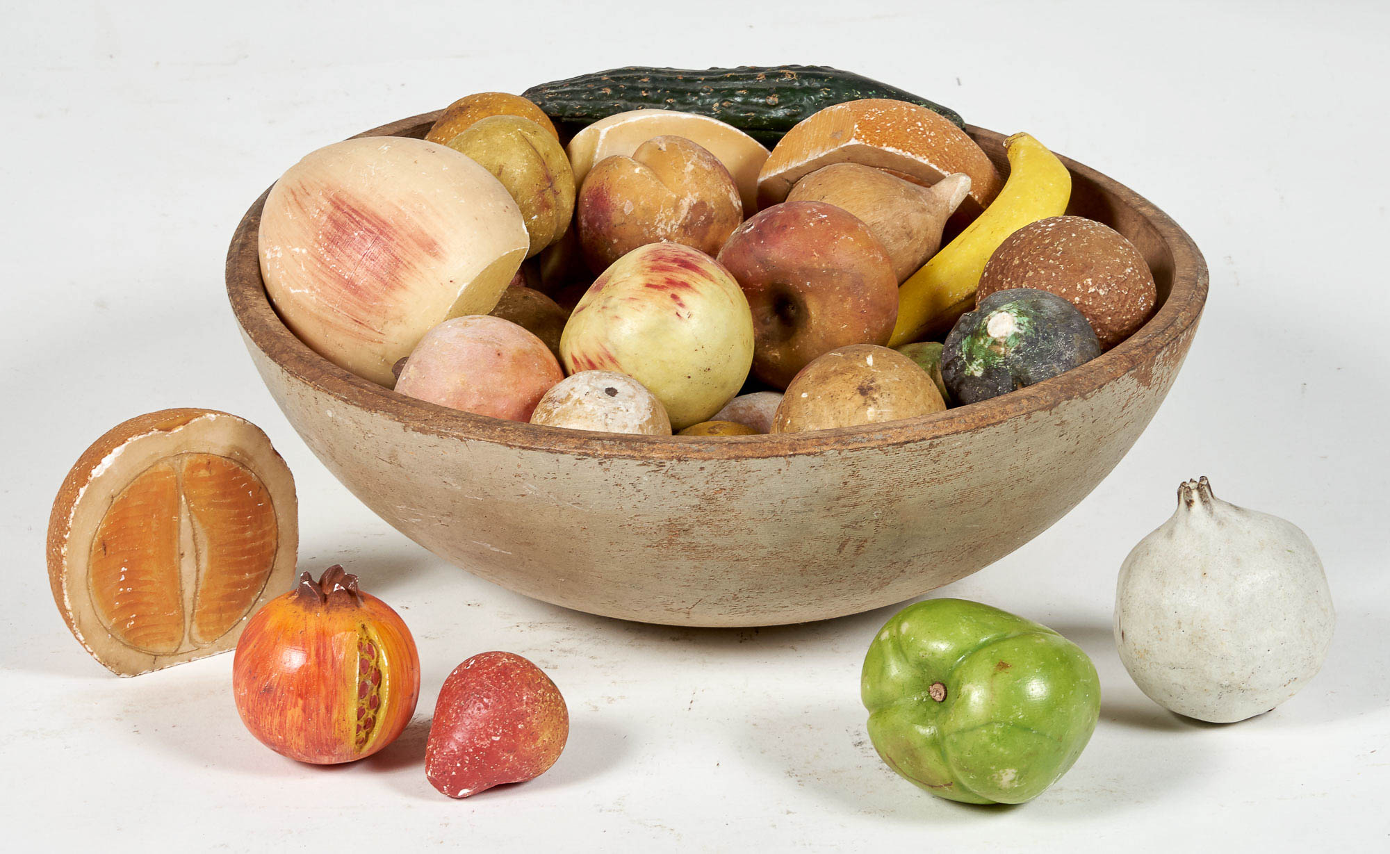 Lot image - Collection of Stone Fruit and Vegetables in a Turned Wood Bowl