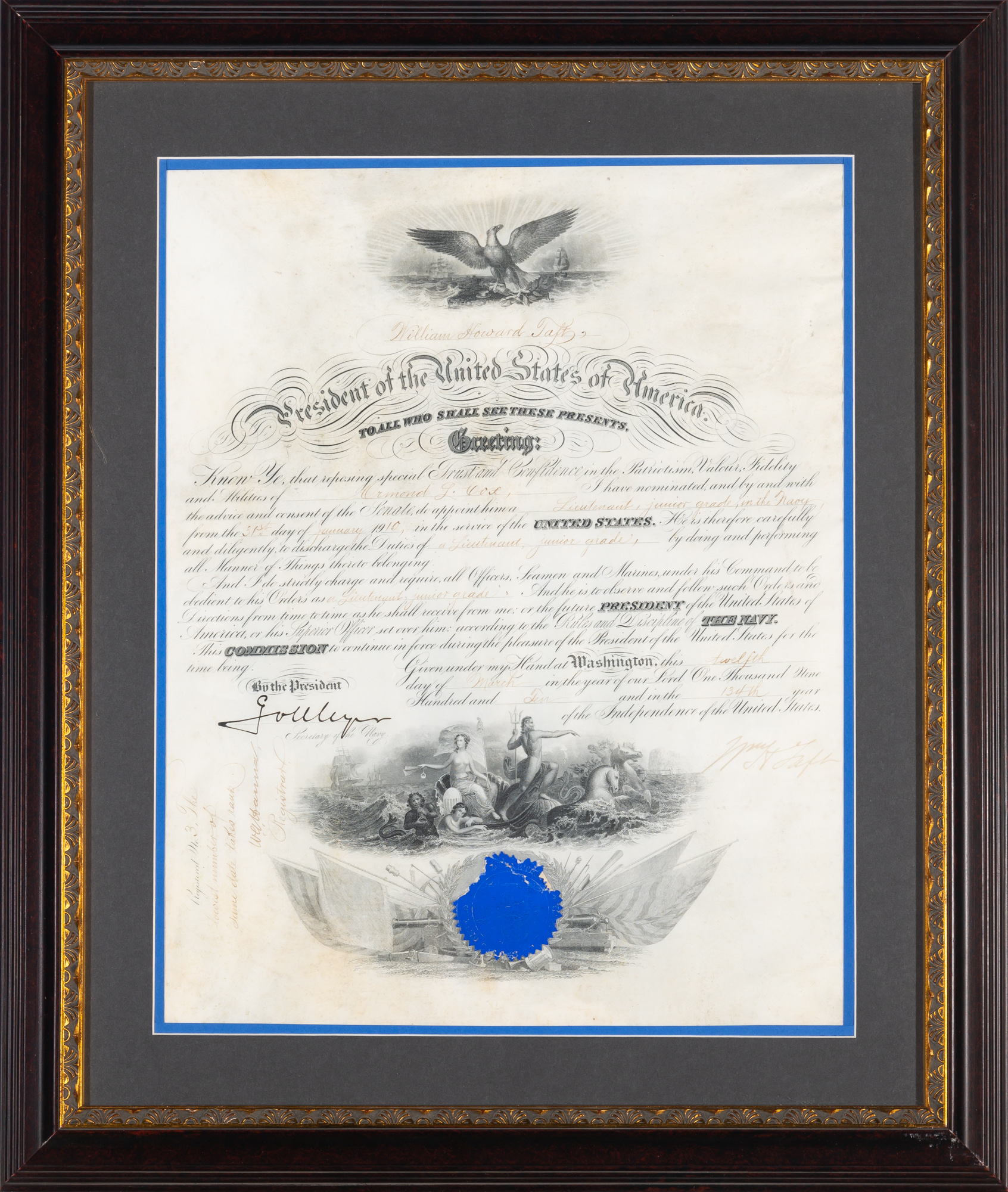 Lot image - TAFT, WILLIAM HOWARD  Military appointment signed.