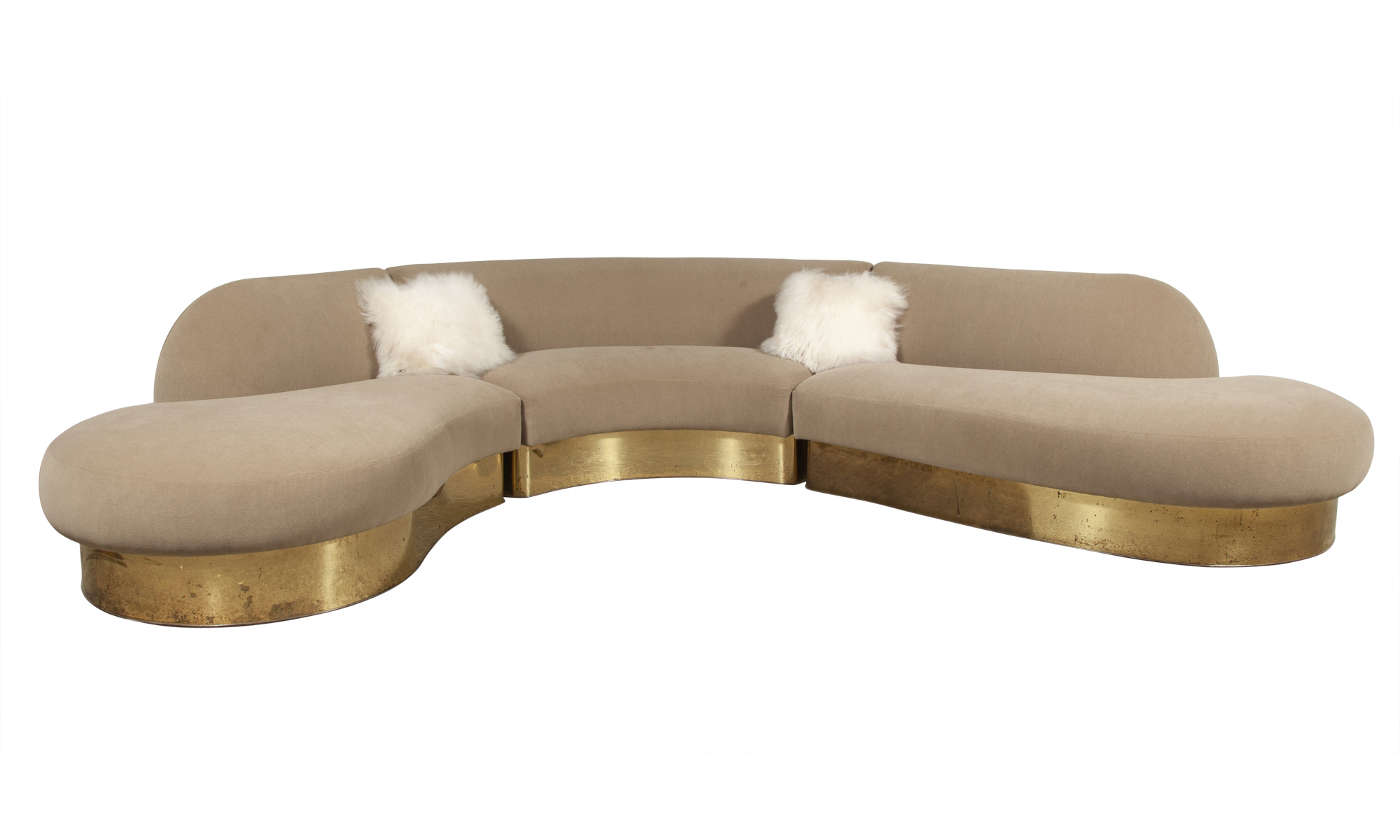 Lot image - Milo Baughman Sit Tight Sectional Sofa with Two White Fur Pillows