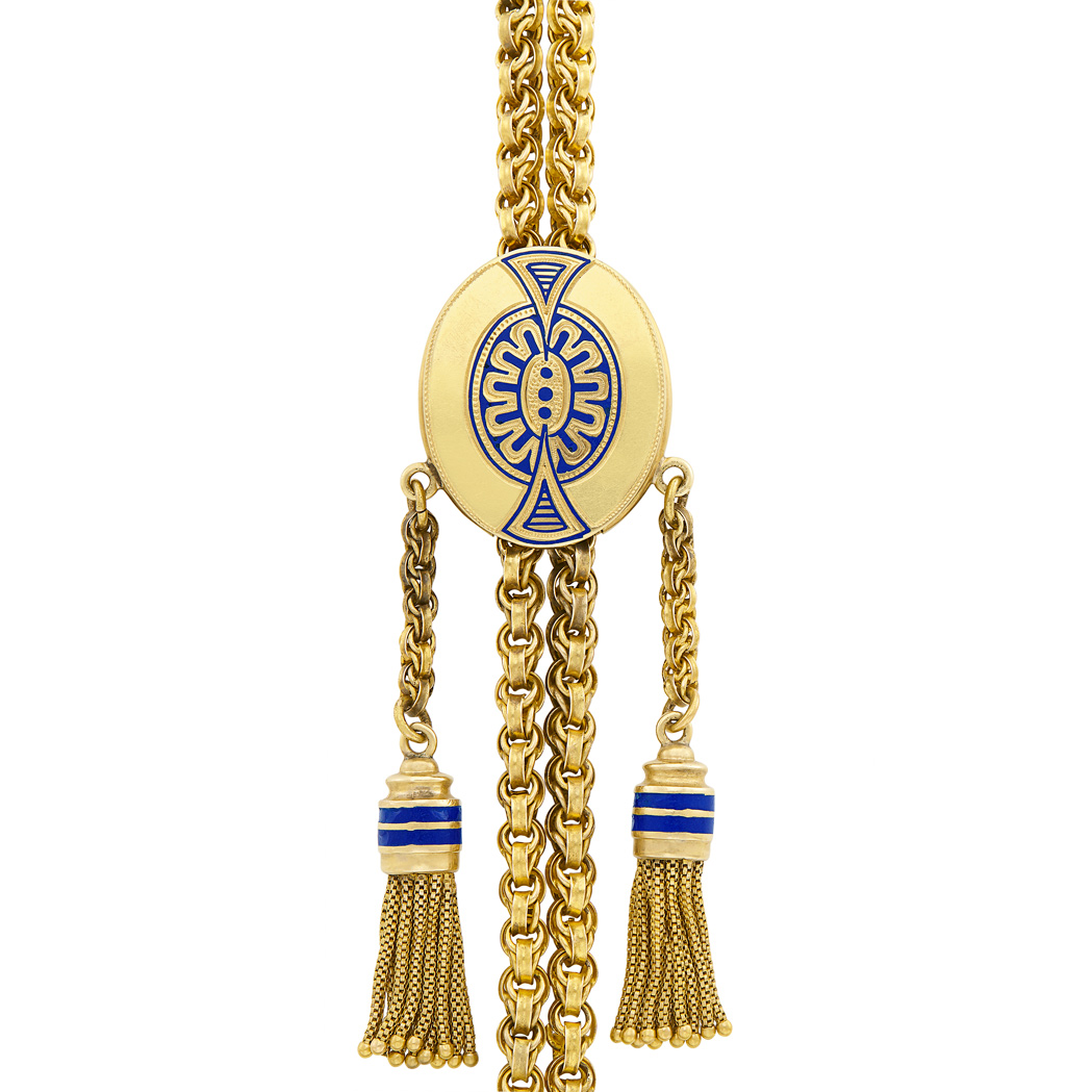 Lot image - Long Antique Gold and Enamel Tassel Slide Chain