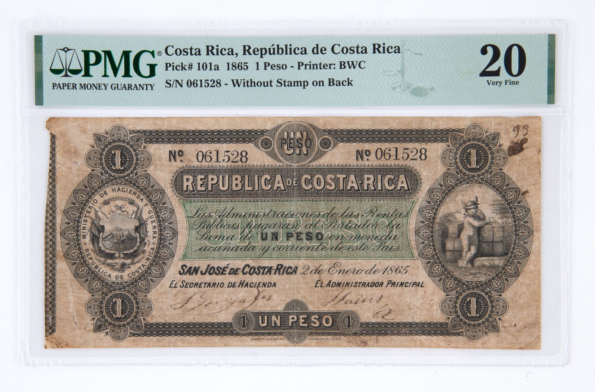 Lot image - Costa Rica, Republica de Costa Rica 1865 Un Peso Pick# 101a PMG 20