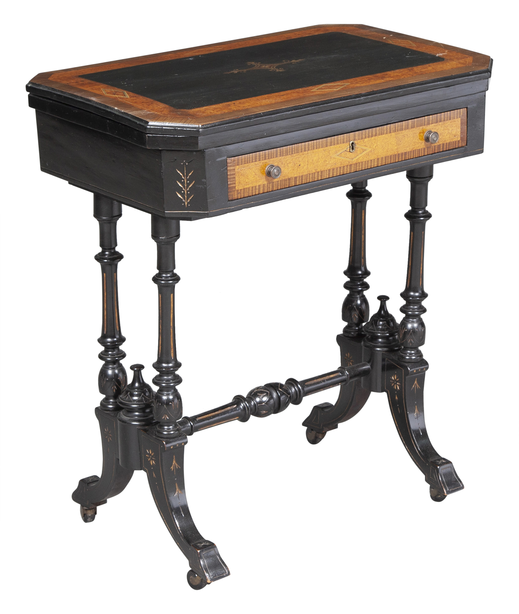 Lot image - Napoleon III Part-Ebonized Inlaid Burlwood Games Table