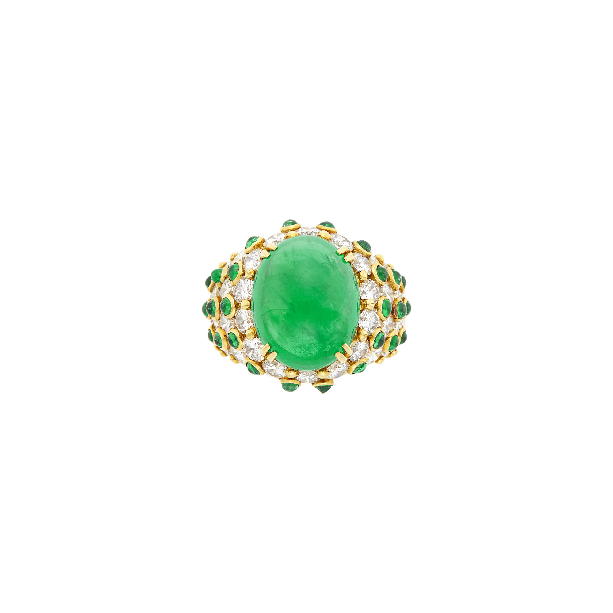 Lot image - Gold, Cabochon Emerald and Diamond Ring