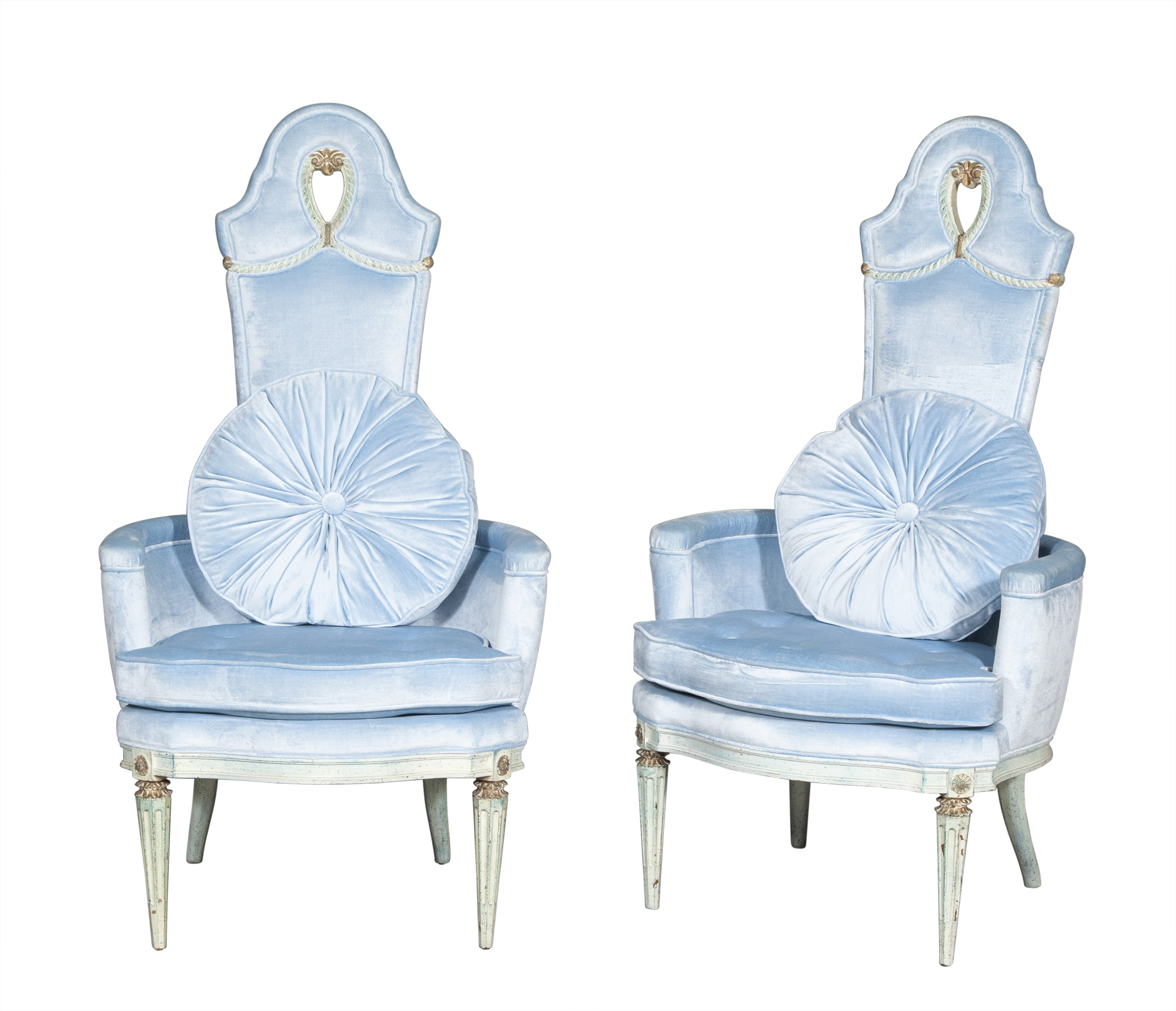 Lot image - Pair of Upholstered Painted Wood Tall-Back Hollywood Regency Style Armchairs