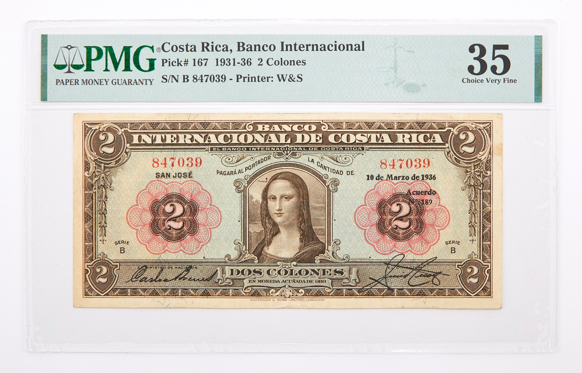 Lot image - Costa Rica, Banco Internacional 1931-36 Dos Colones Madonna Pick#167 PMG 35