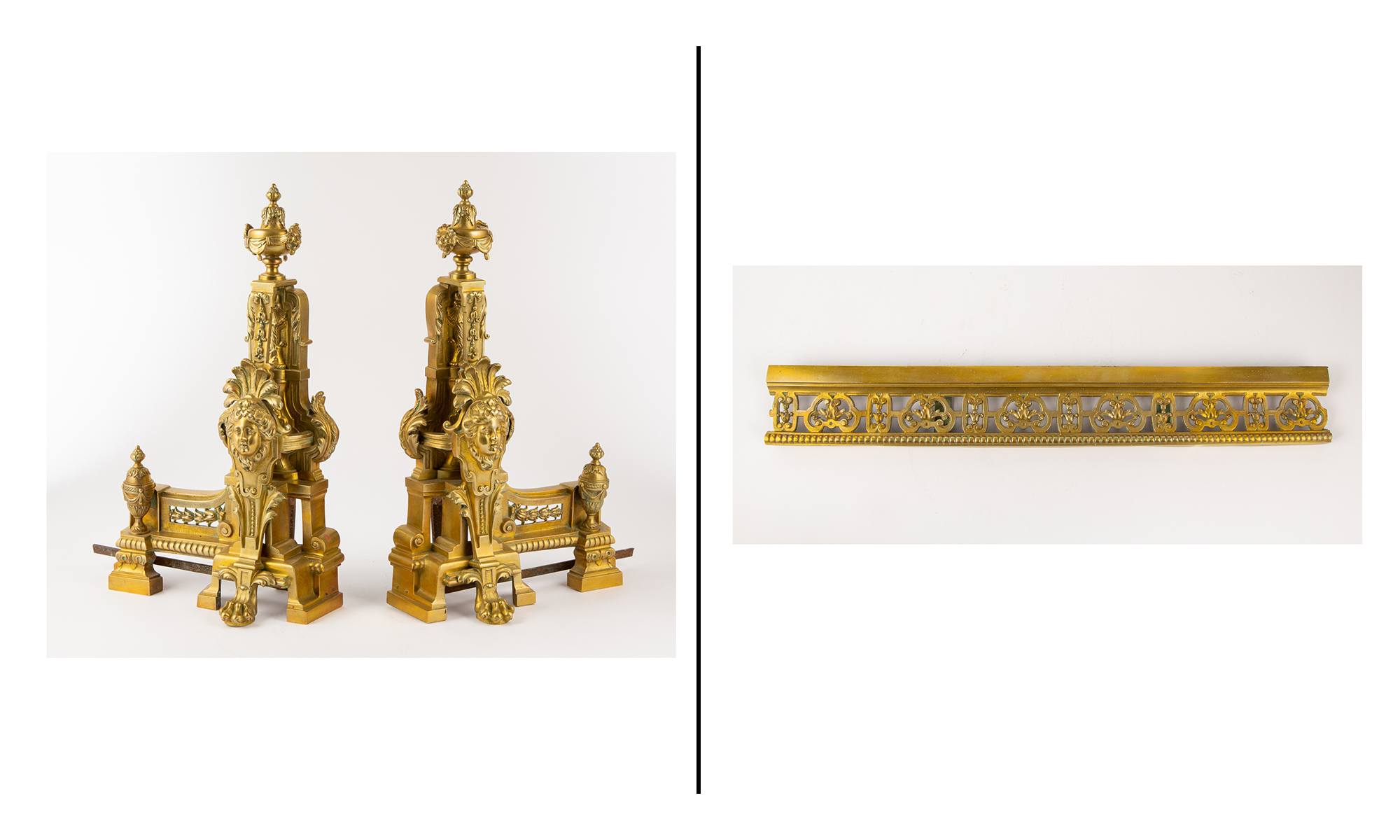Lot image - Pair of Louis XVI Style Gilt-Bronze Andirons and Fender