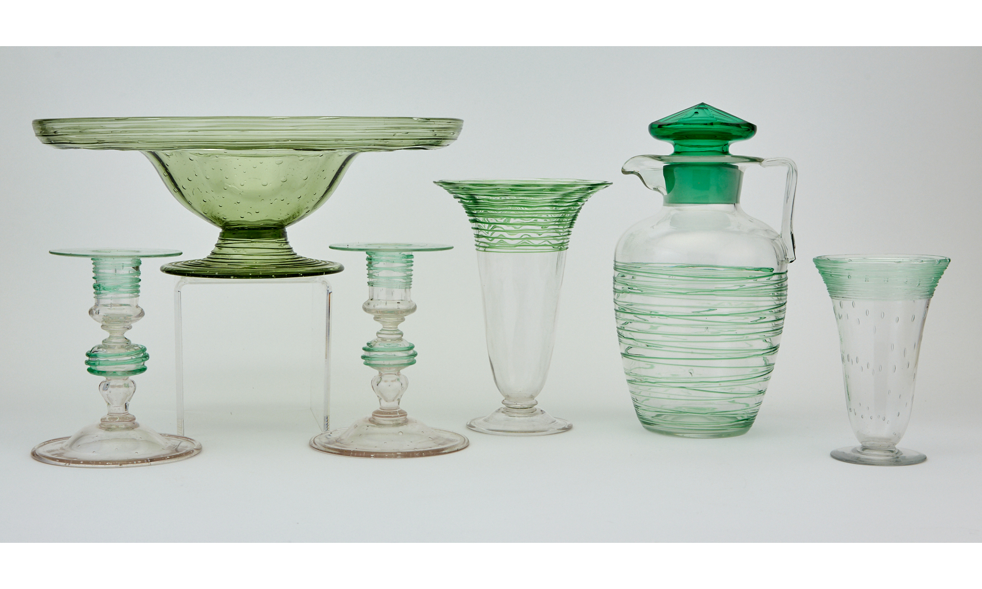 Lot image - Group of Six Green Threaded Glass Articles Attributed to Steuben