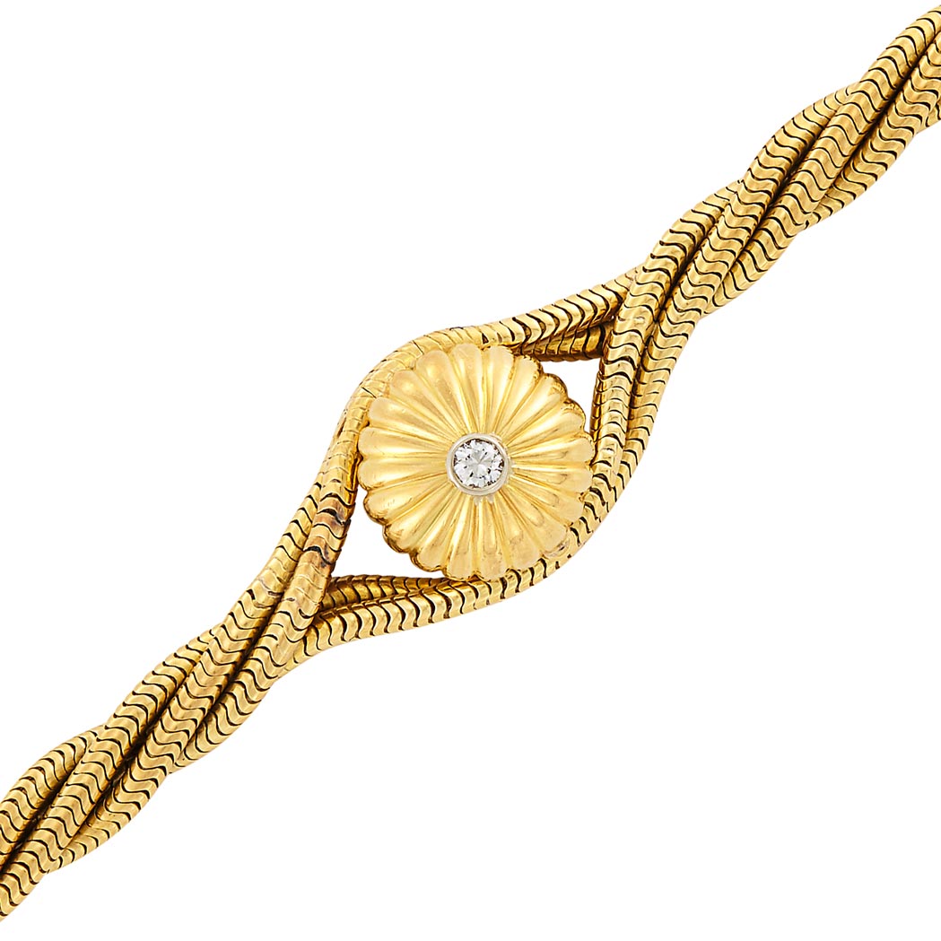 Lot image - Four Strand Gold and Diamond Snake Chain Bracelet-Watch, Cartier, France