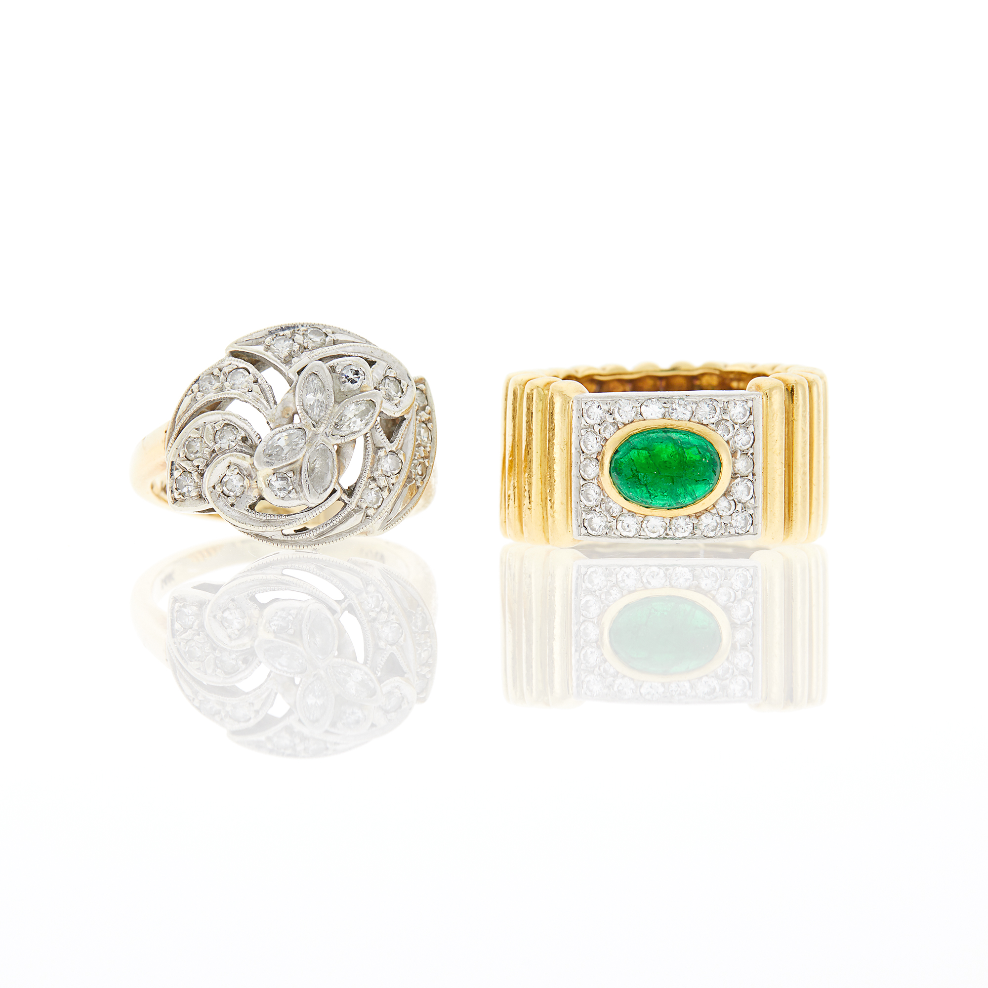 Lot image - Gold, Platinum, Cabochon Emerald and Diamond Band Ring and Diamond Ring