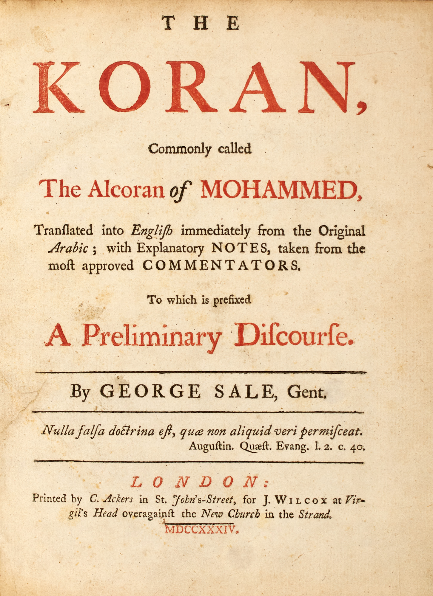Lot image - SALE, GEORGE  The Koran, Commonly Called The Alocoran of Mohammed.