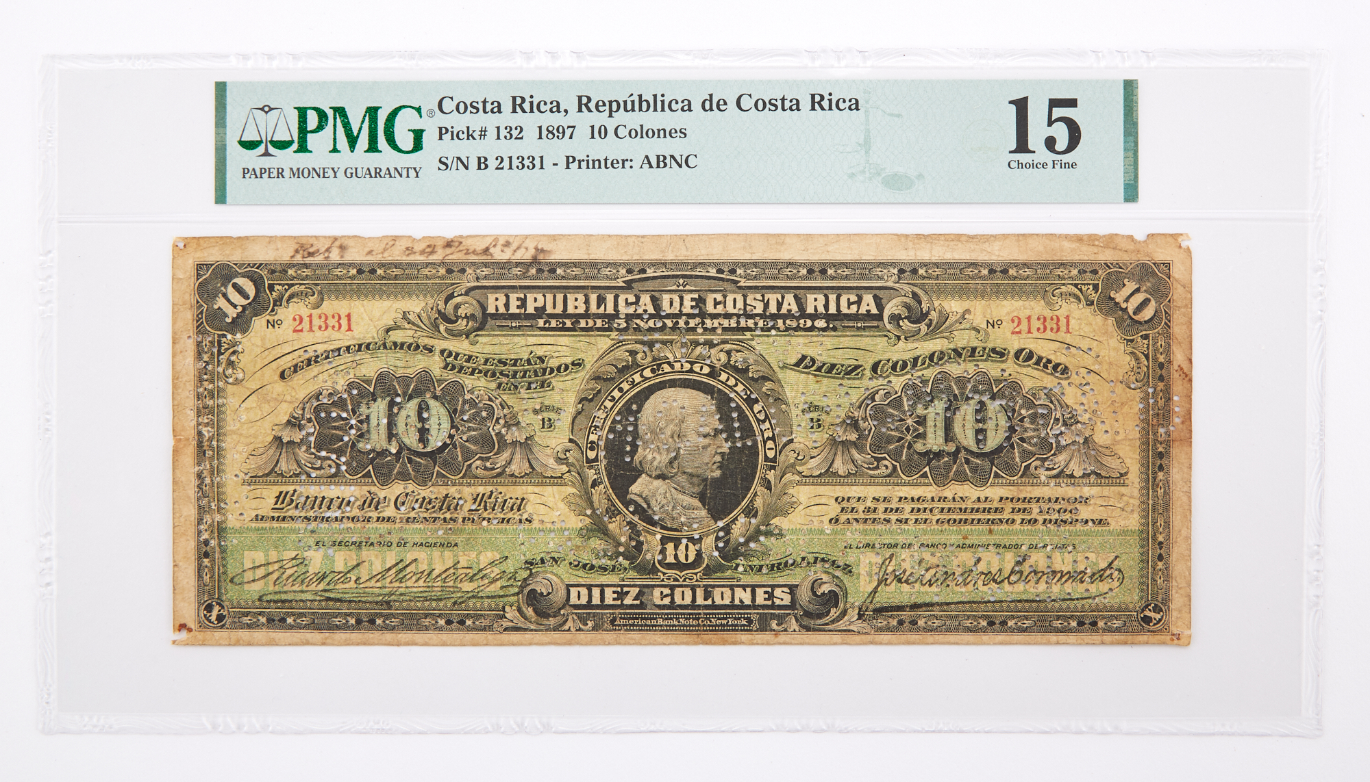 Lot image - Costa Rica, Republica de Costa Rica 1897 Diez Colones Oro Cancelled Note Pick# 132 NGC 15