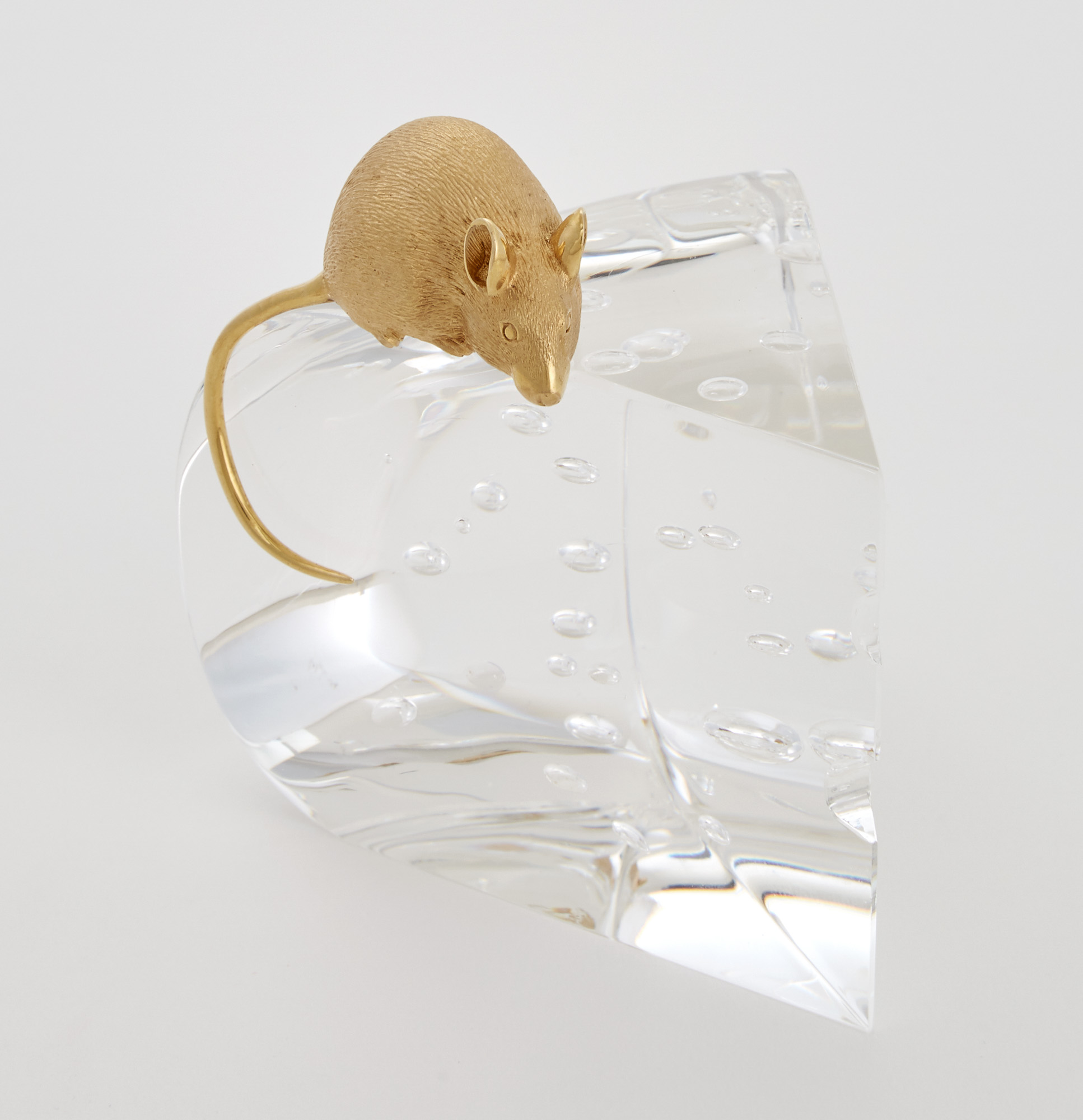 Lot image - Steuben Glass and 18K Gold-Plated Metal Sculpture Entitled Mouse and Cheese