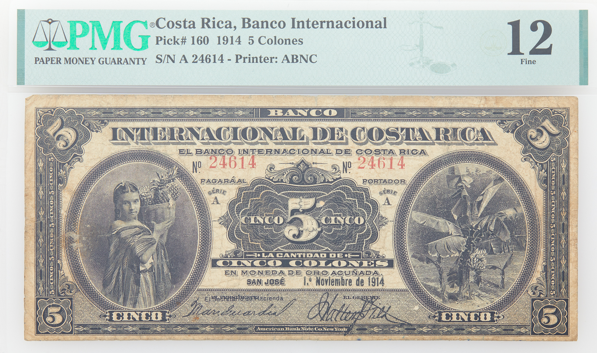 Lot image - Costa Rica, Banco Internacional 1914 Cinco Colones Specimen Note Pick# 160s NGC 12