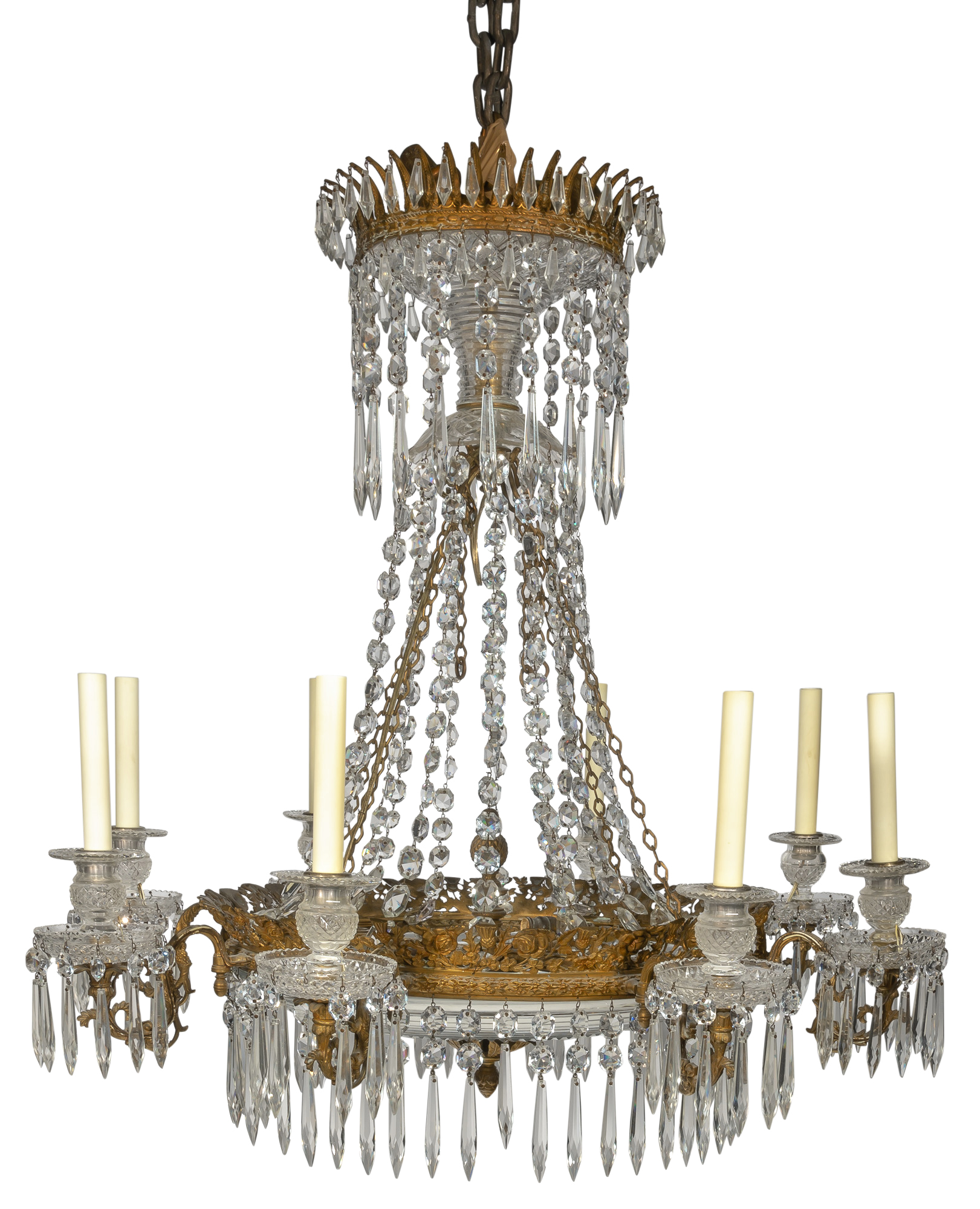 Lot image - Baltic Neoclassical Style Gilt-Metal and Cut Glass Eight-Light Chandelier