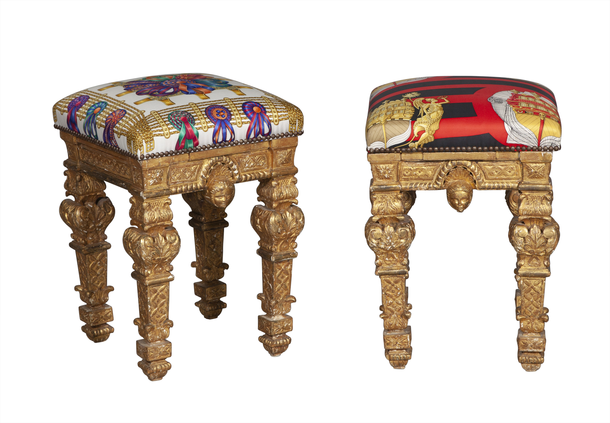 Lot image - Pair of Louis XIV Style Hermes Scarf Upholstered Giltwood Stools