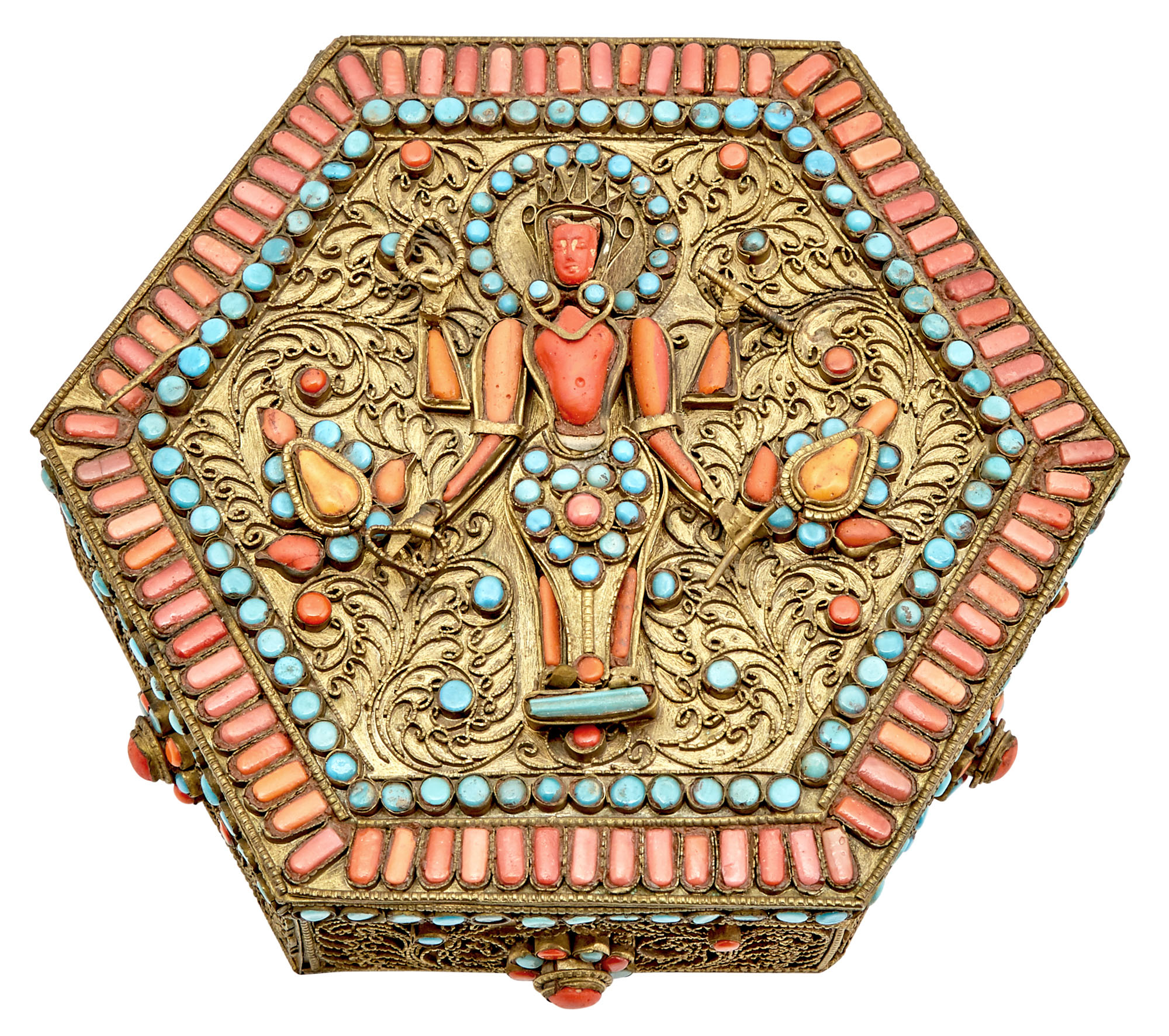 Lot image - A Tibetan or Nepalese Hardstone-Embellished Brass Box