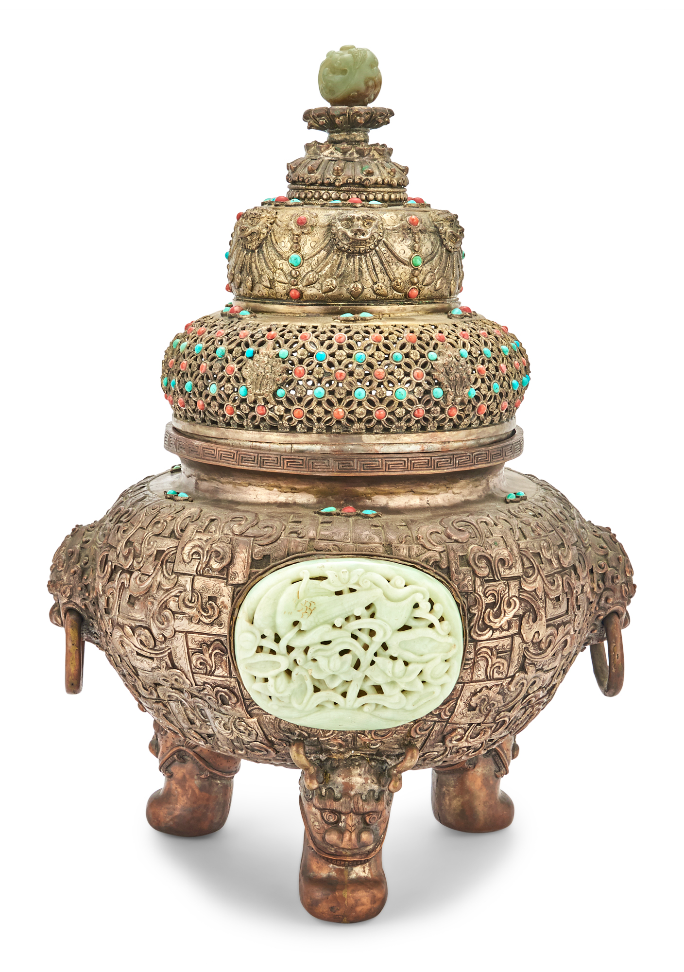 Lot image - A Mongolian Jade-Inset White Metal Censer