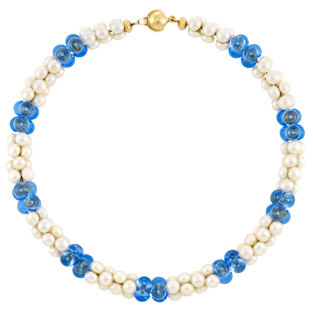 Lot image - Two-Color Gold, Cultured Pearl and Blue Glass Necklace, Marina B.