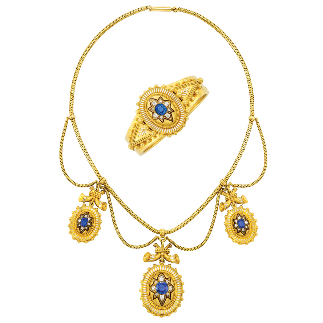 Lot image - Archaeological Revival Gold, Enamel, Sapphire and Diamond Swag Snake Chain Necklace and Bangle Bracelet