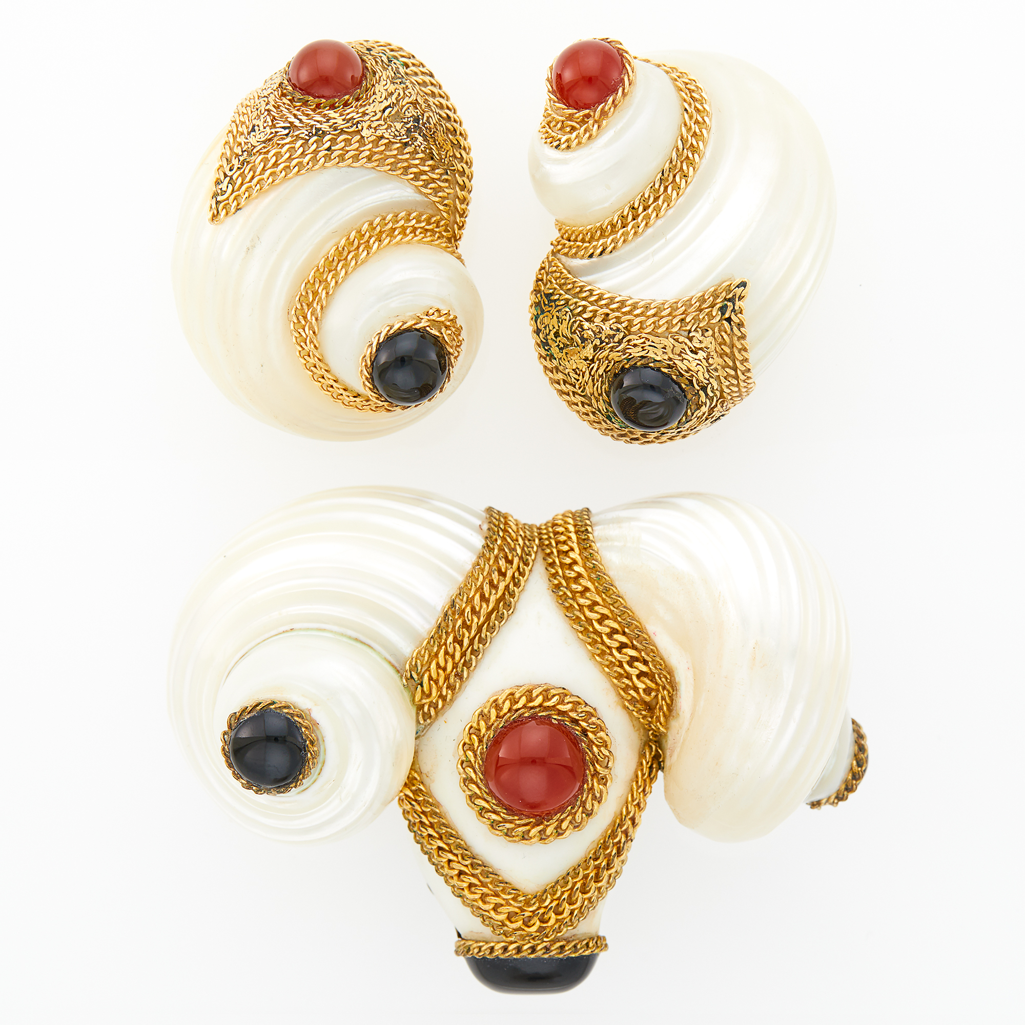 Lot image - Nanf Orfaley Pair of Gold, Carnelian, Onyx and Shell Earclips and Silver Brooch