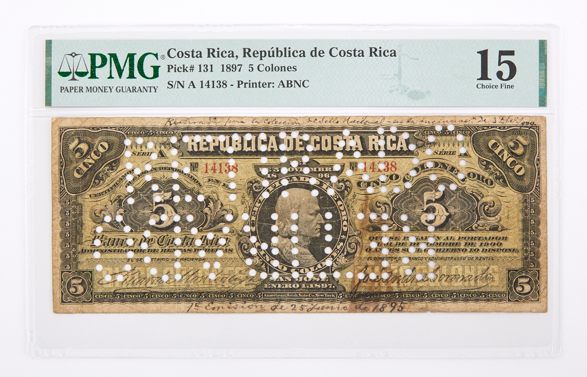 Lot image - Costa Rica, Republica de Costa Rica 1897 Cinco Colones Oro Cancelled Note Pick# 131 NGC 15