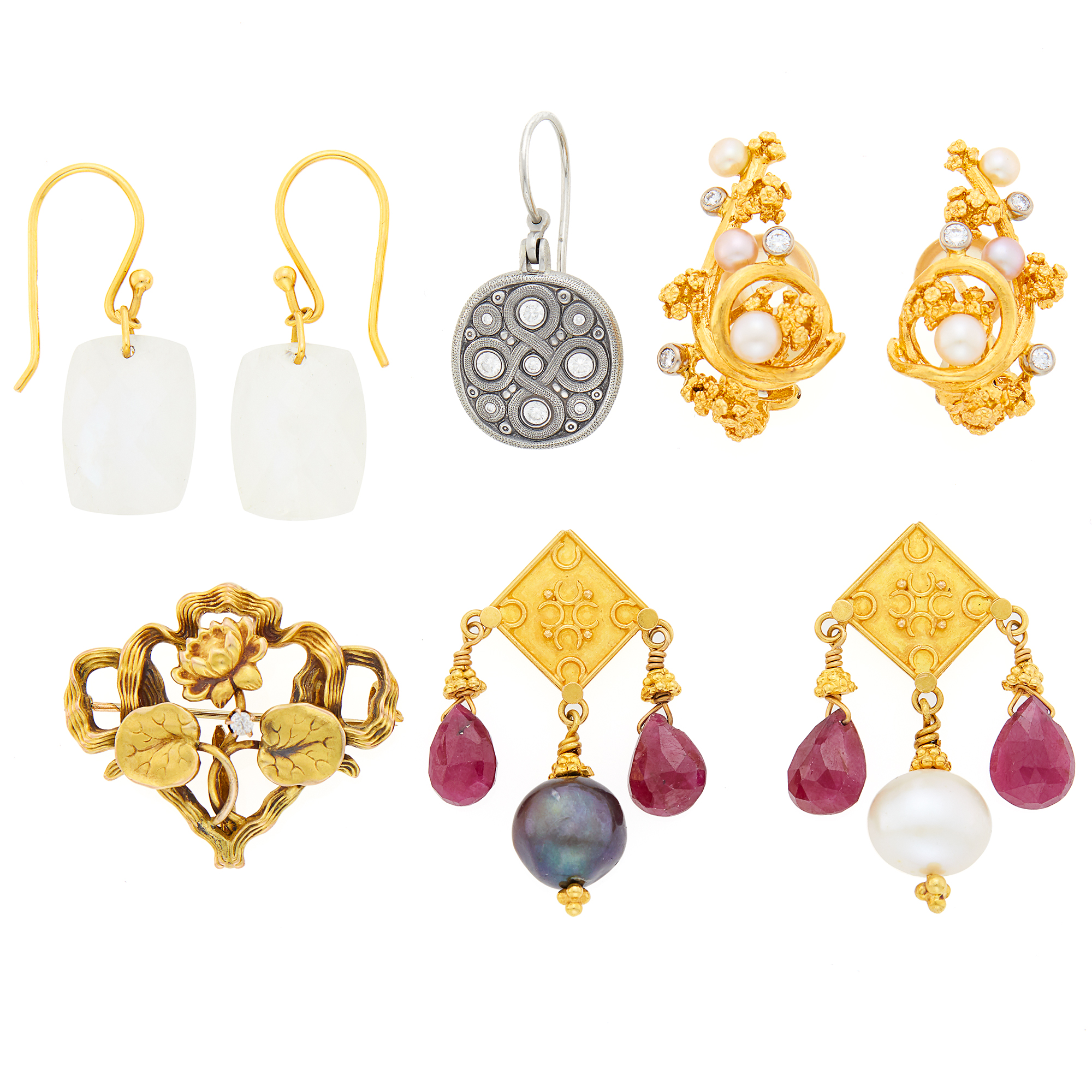 Lot image - Gilbert Albert Pair of Gold, Cultured Pearl and Diamond Earrings and Gold, Low Karat Gold, Platinum and Gem-Set Jewelry