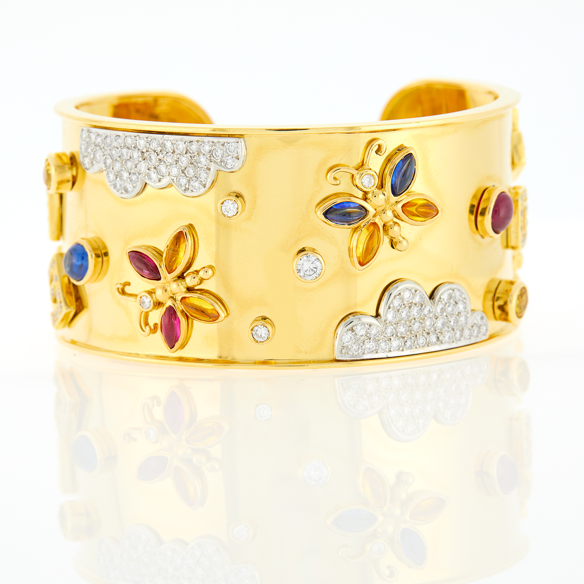 Lot image - Wide Two-Color Gold, Diamond and Gem-Set For Ever Charm Cuff Bracelet