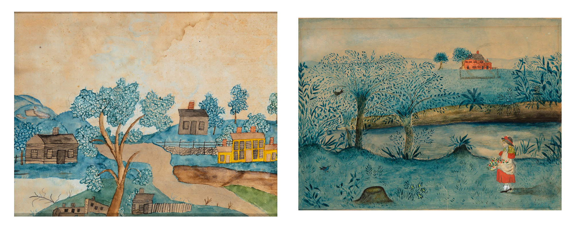 Lot image - American School  19th Century  View of a Village with a Yellow House