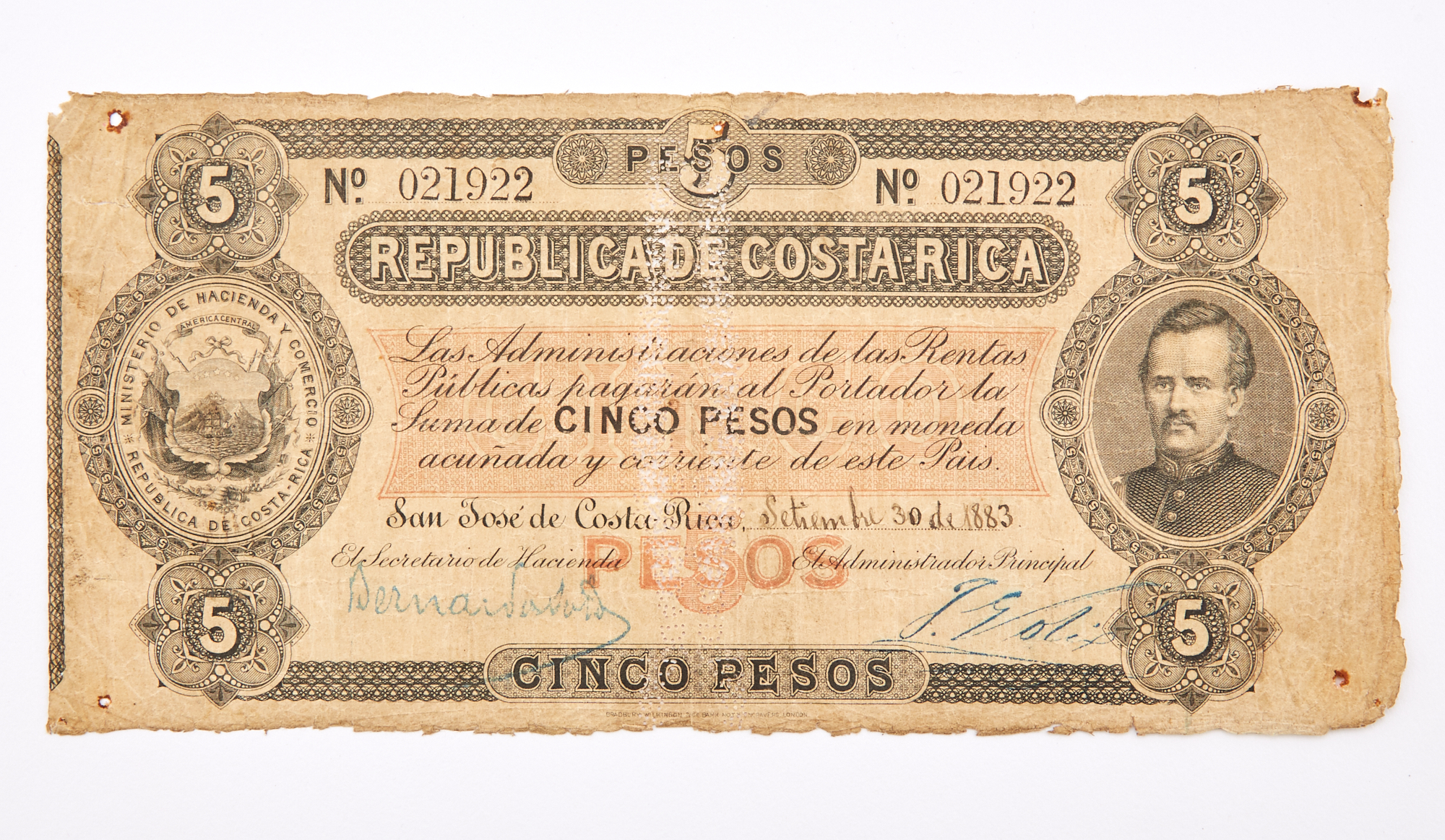 Lot image - Costa Rica, Republica de Costa Republic 1865 Cinco Pesos Cancelled Note Pick# 103A