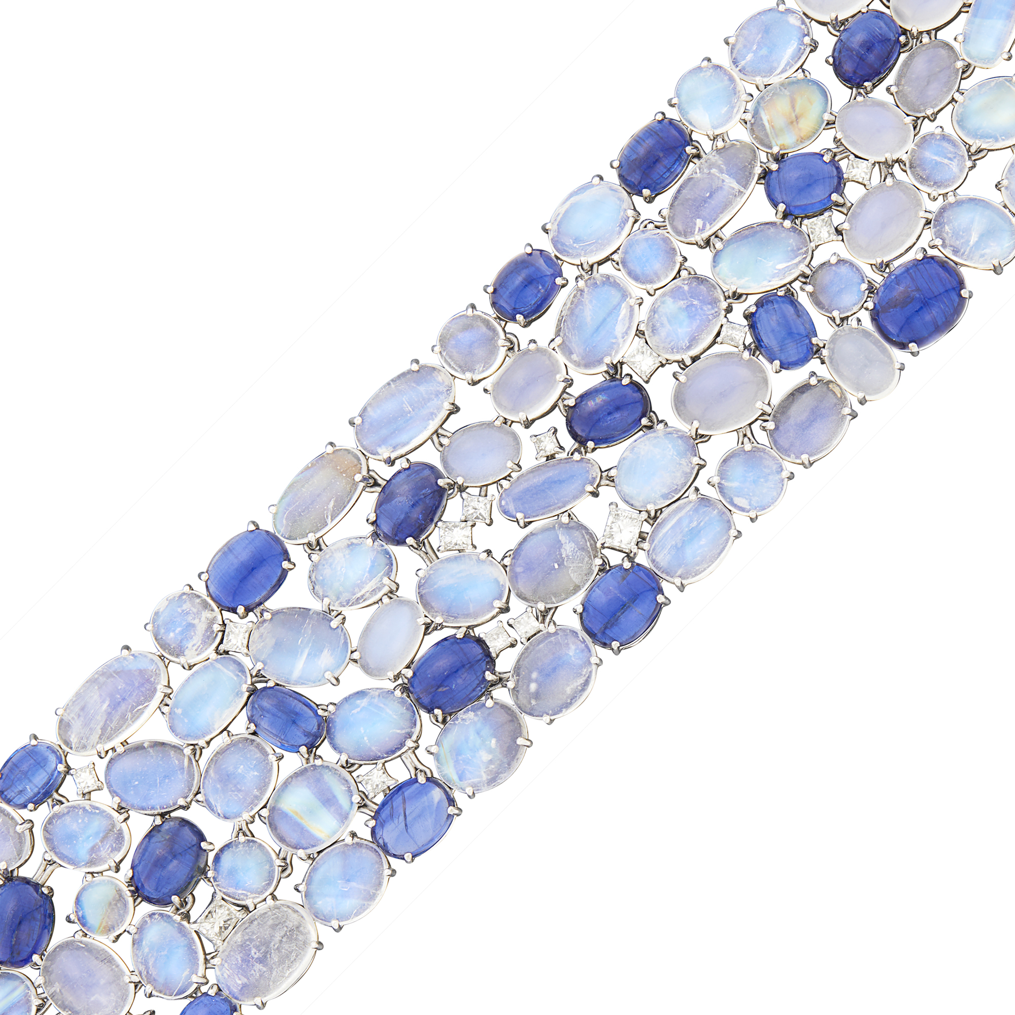 Lot image - Wide White Gold, Cabochon Kyanite, Moonstone and Diamond Bracelet