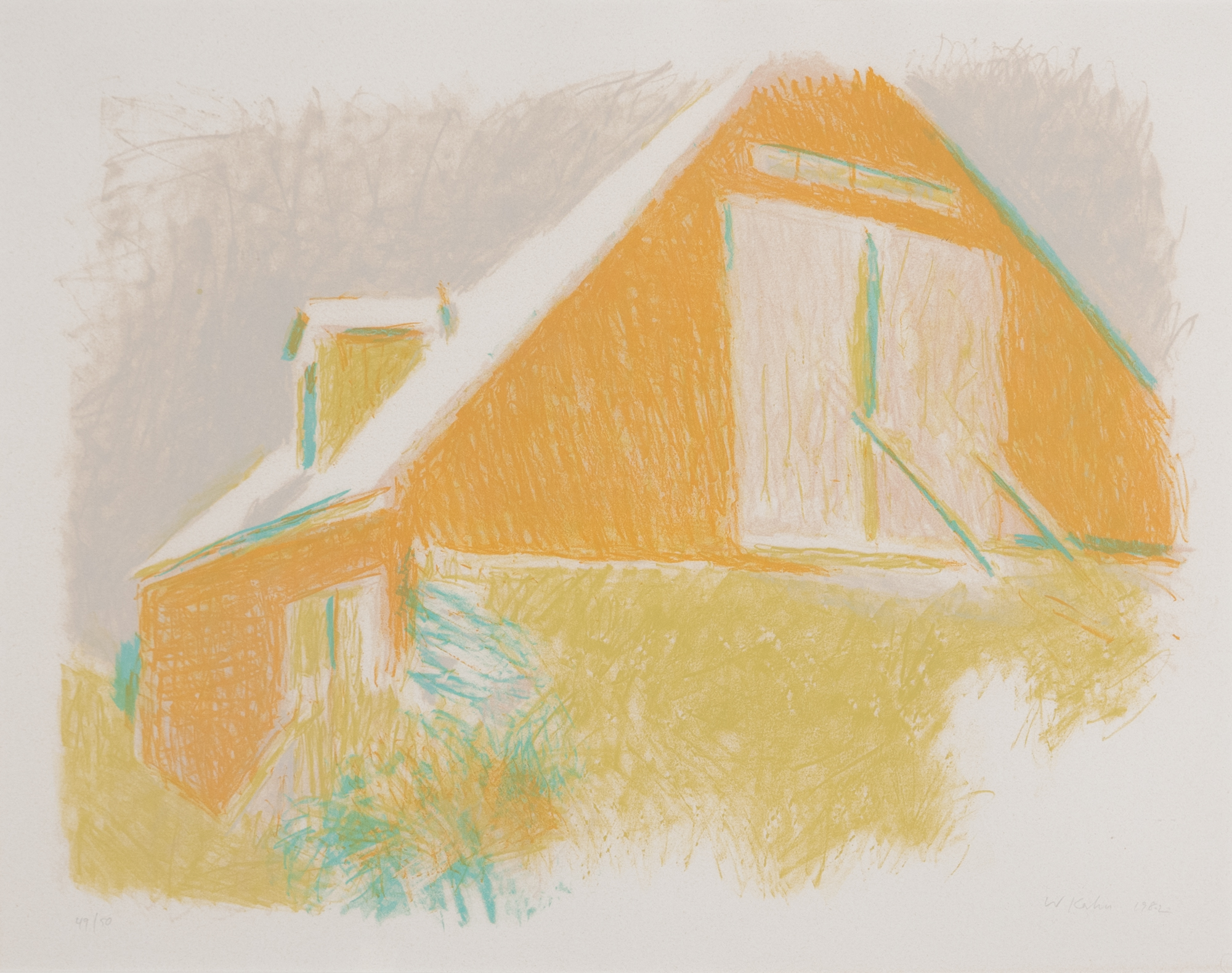 Lot image - Wolf Kahn (1927-2020)  [THE ORANGE BARN]  Color lithograph, 1982, signed, dated and numbered 49/50 in pencil, framed.  16  1/2 x 22 inches  Frame