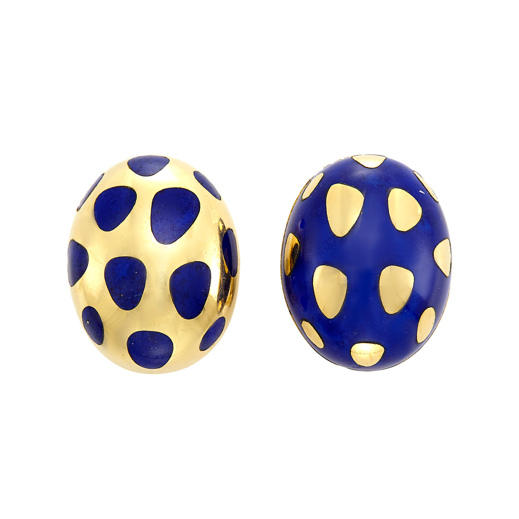 Lot image - Pair of Gold and Lapis 'Positive and Negative' Earclips, Tiffany & Co.