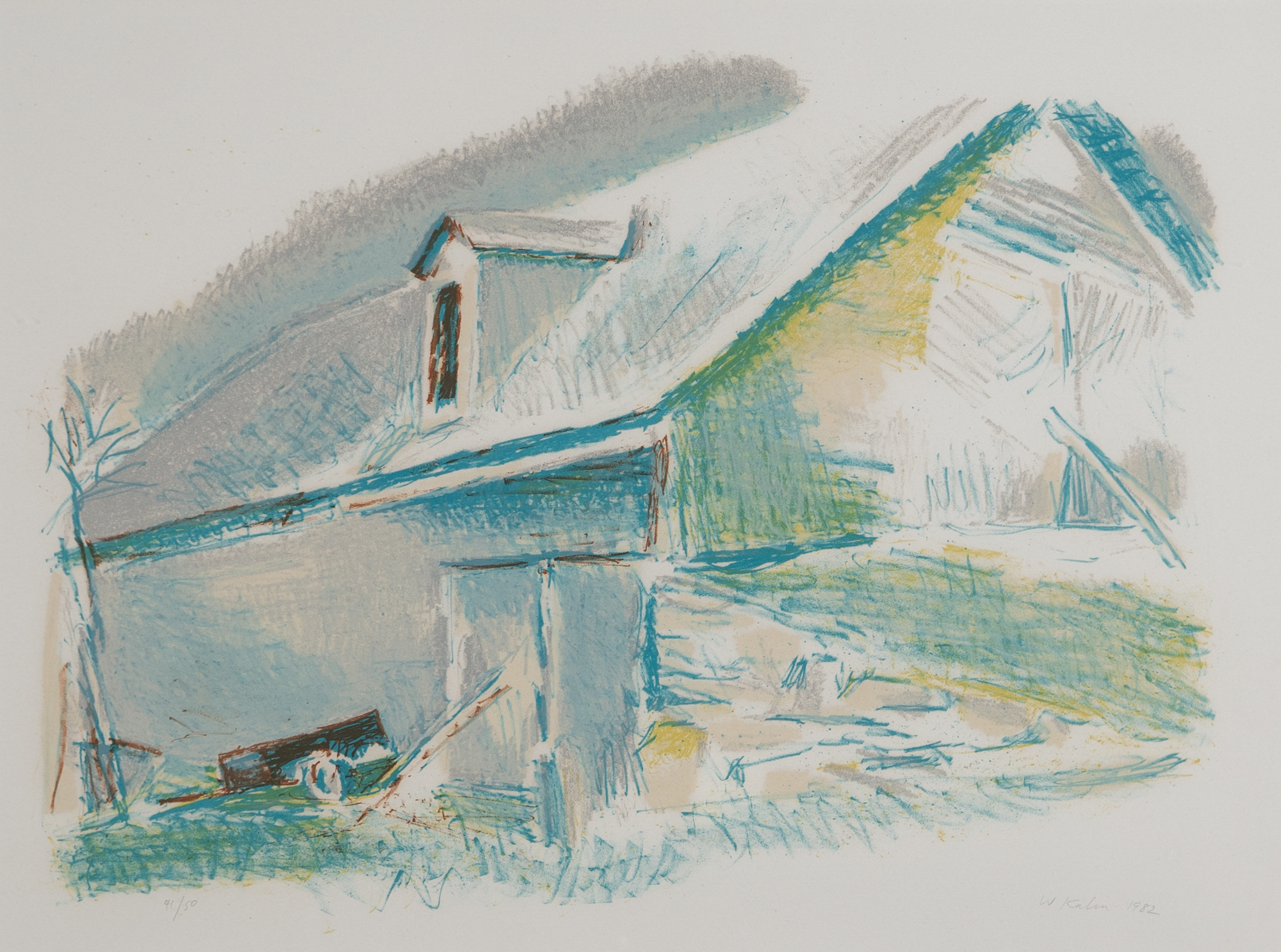 Lot image - Wolf Kahn (1927-2020)  [THE GREEN BARN]  Color lithograph, 1982, signed, dated and numbered 41/50 in pencil, framed.  Image