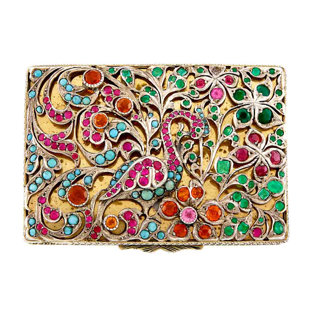 Lot image - Gilt Silver, Emerald, Turquoise and Multicolored Stone and Synthetic Ruby Peacock Compact