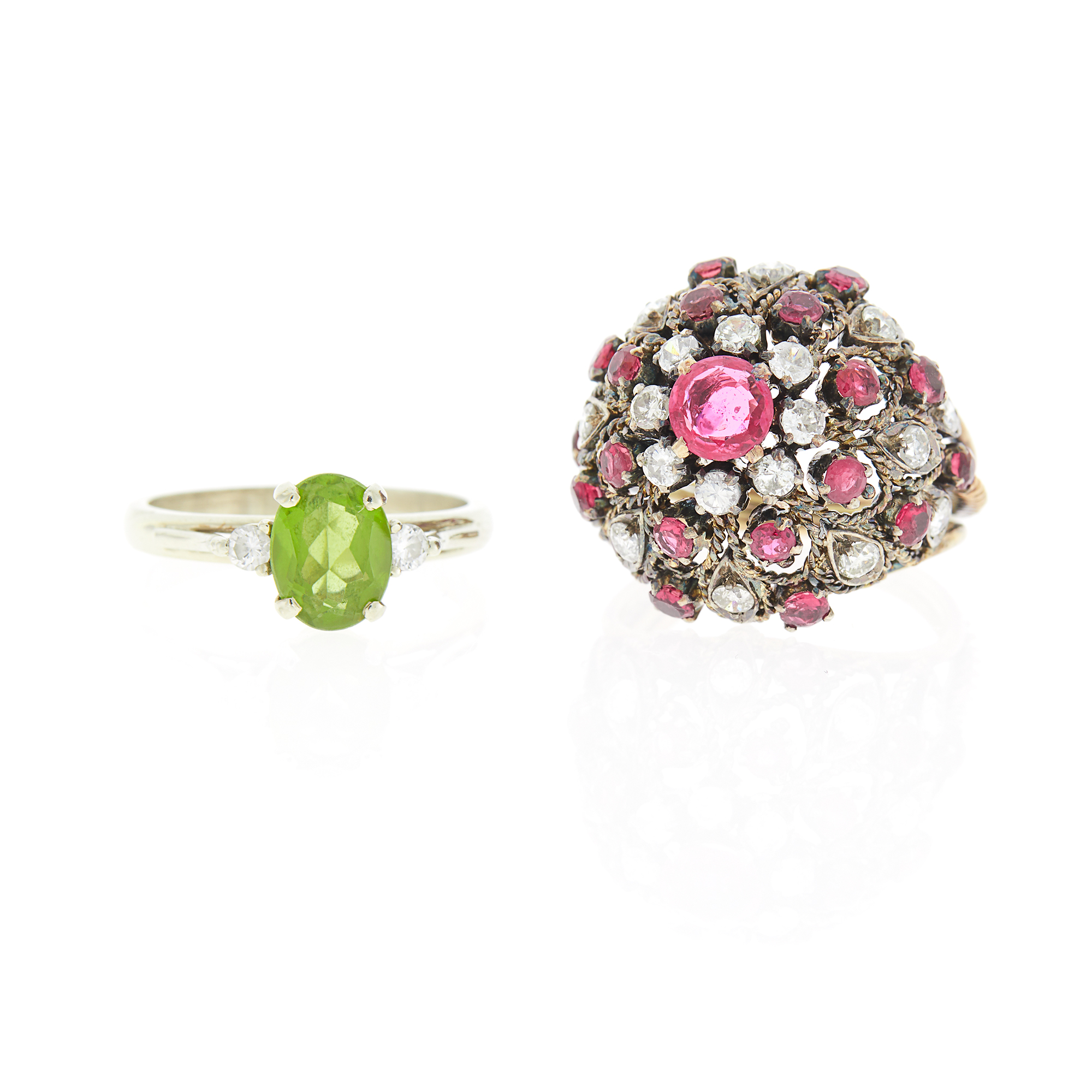 Lot image - Gold, Pink Sapphire and Diamond Dome Ring and White Gold and Peridot Ring