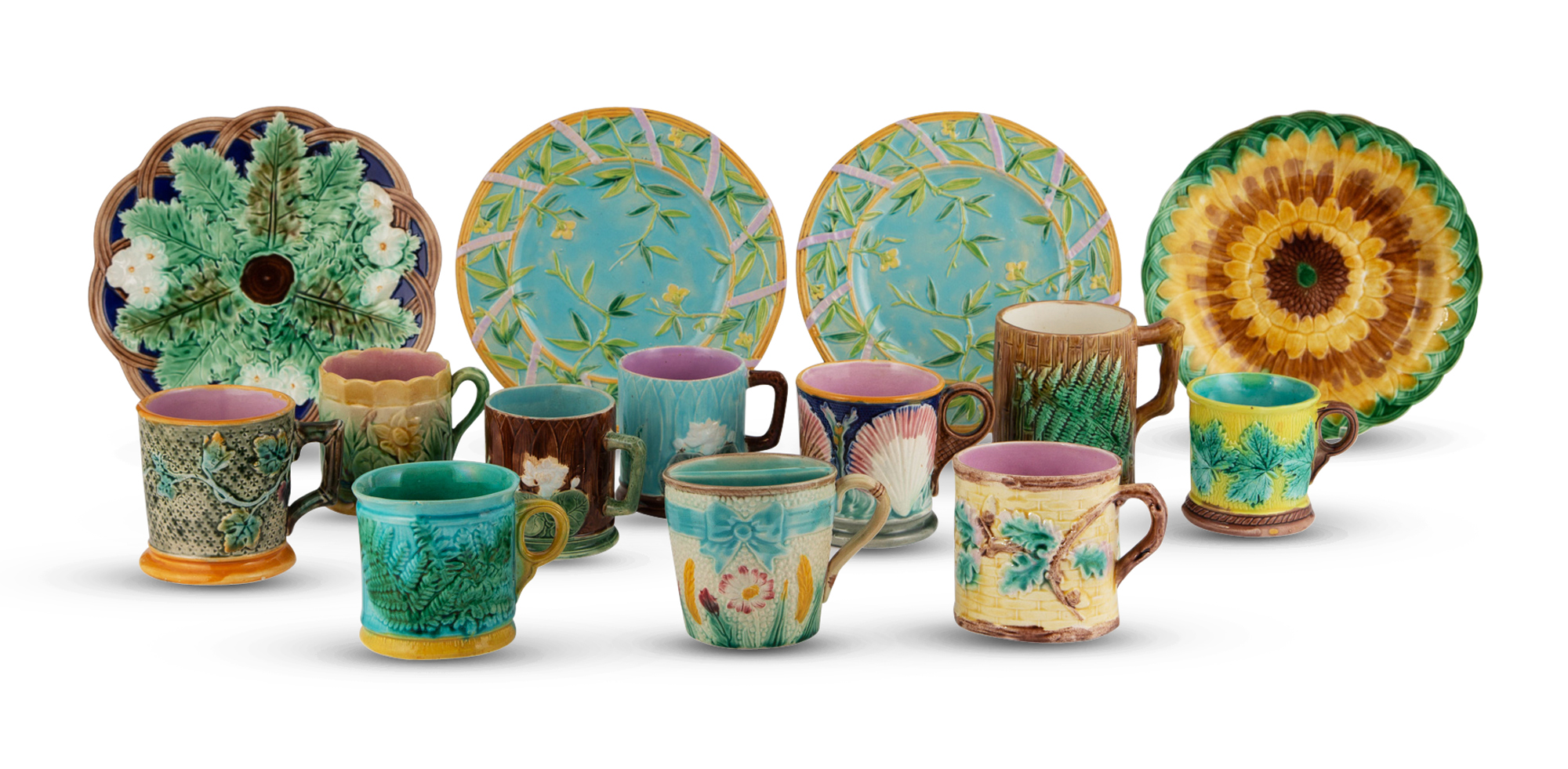 Lot image - Group of English and American Majolica Plates and Mugs