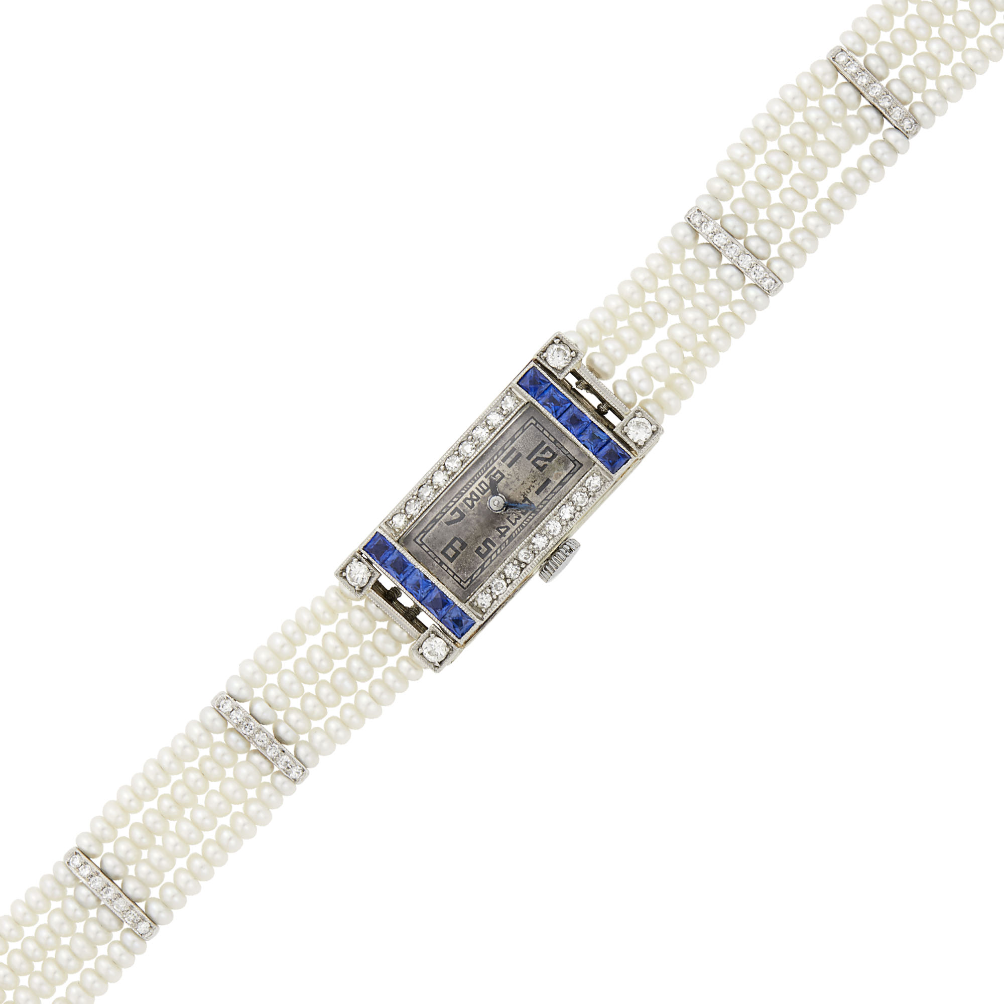 Lot image - Four Strand Freshwater Pearl, White Gold, Platinum, Sapphire and Diamond Wristwatch