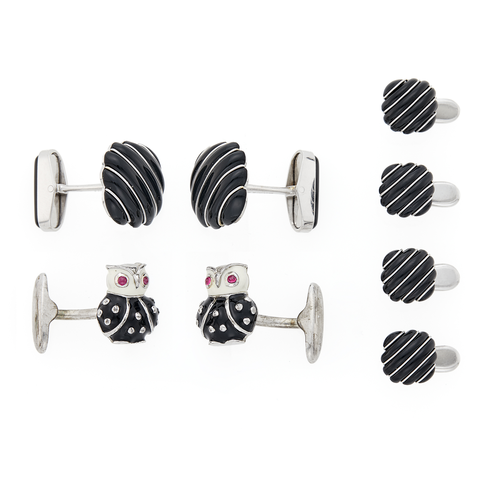 Lot image - White Gold and Black Onyx Dress Set and Pair of Silver and Enamel Owl Cufflinks