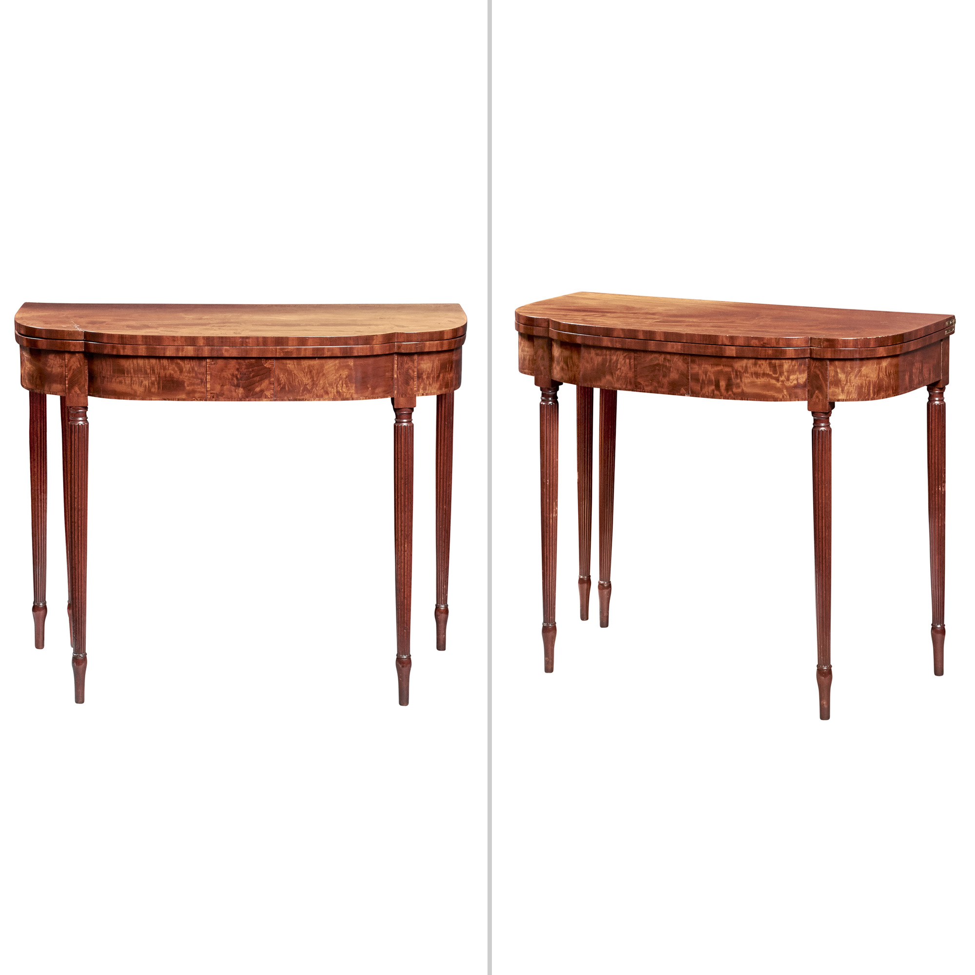 Lot image - Pair of Federal Carved and Veneered Mahogany Card Tables, Attributed to Duncan Phyfe