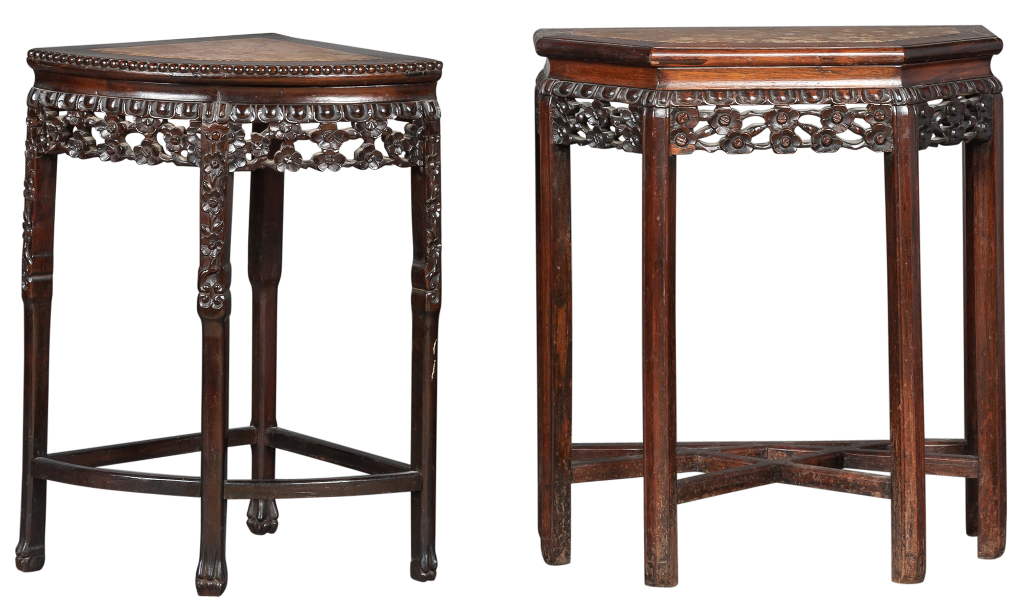 Lot image - Two Chinese Demi-Octagonal Marble Inset Hardwood Tables
