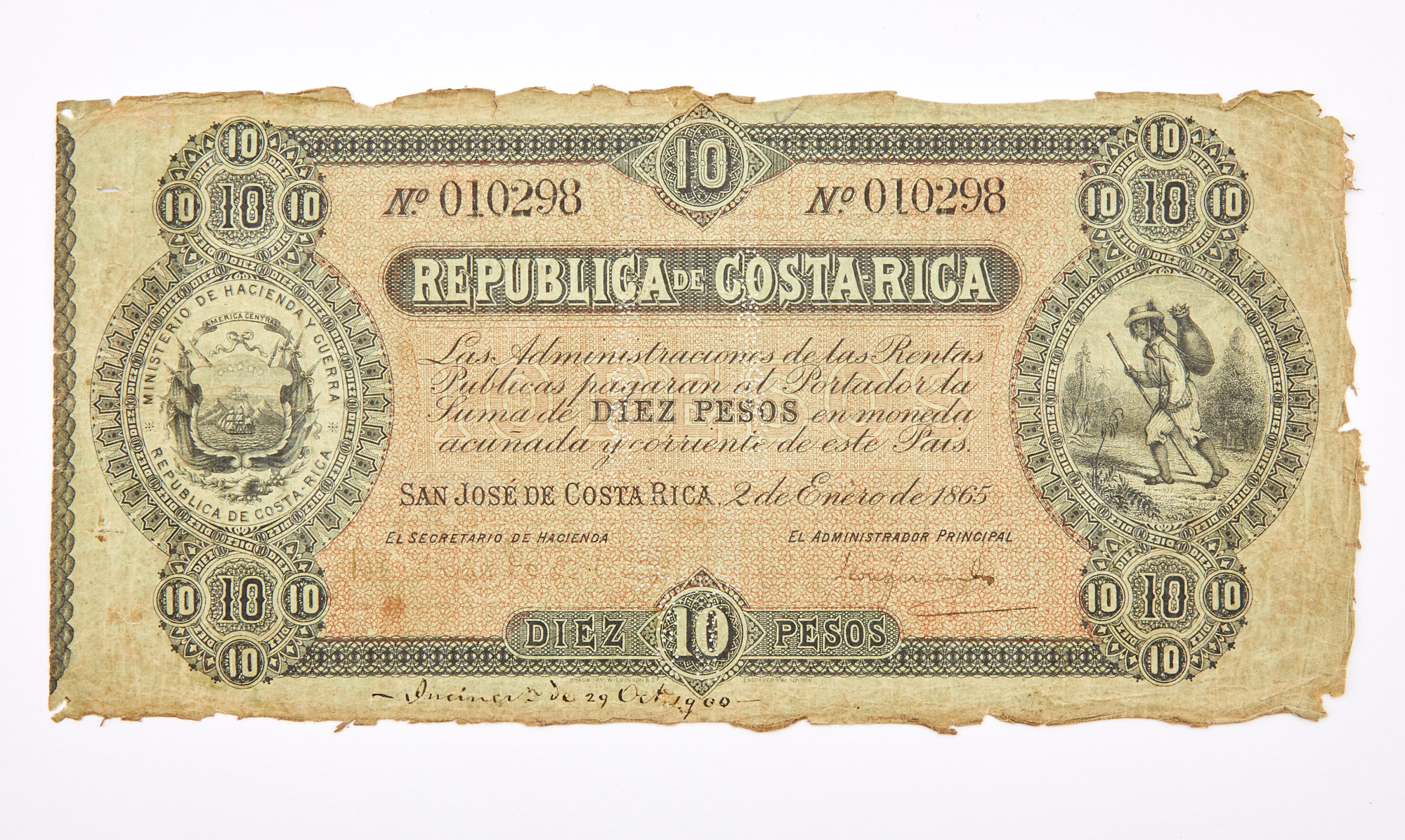 Lot image - Costa Rica, Republica de Costa Rica 1865-71 Diez Pesos Cancelled Note Pick# 104