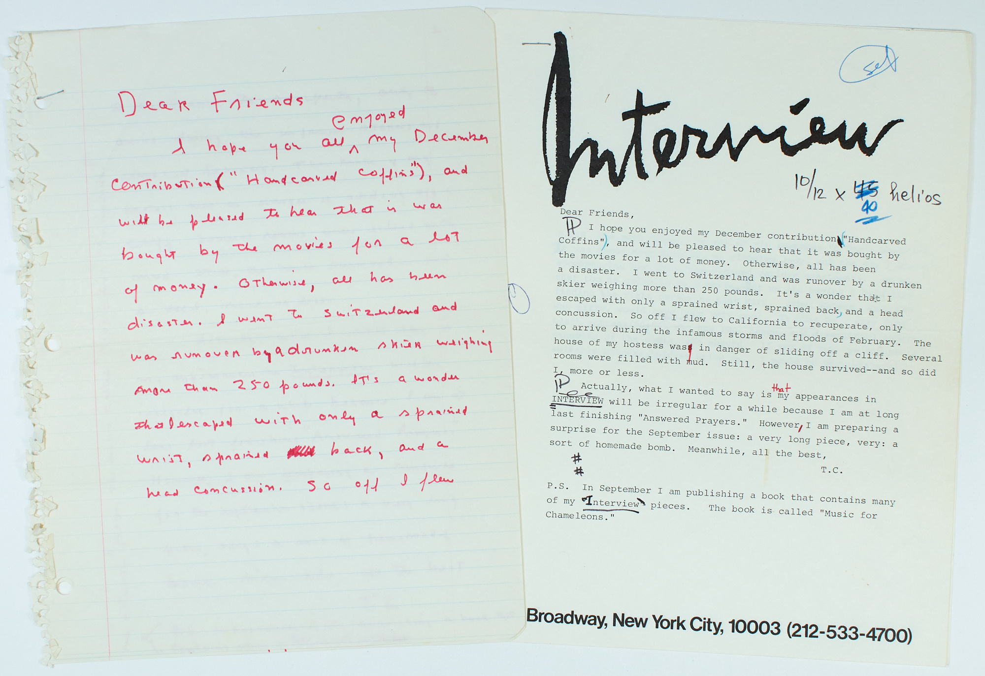 Lot image - CAPOTE, TRUMAN    Original manuscript of Truman Capotes final appearance in Interview and a draft of Answered Prayers presented to Brigid Berlin.