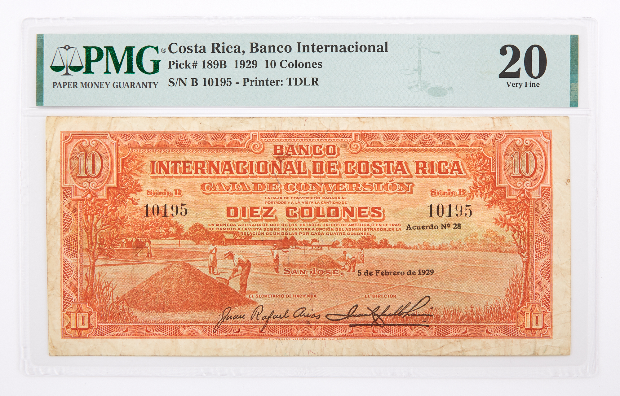 Lot image - Costa Rica, Banco Internacional 1929 Diez Colones Pick# 189B PMG 20