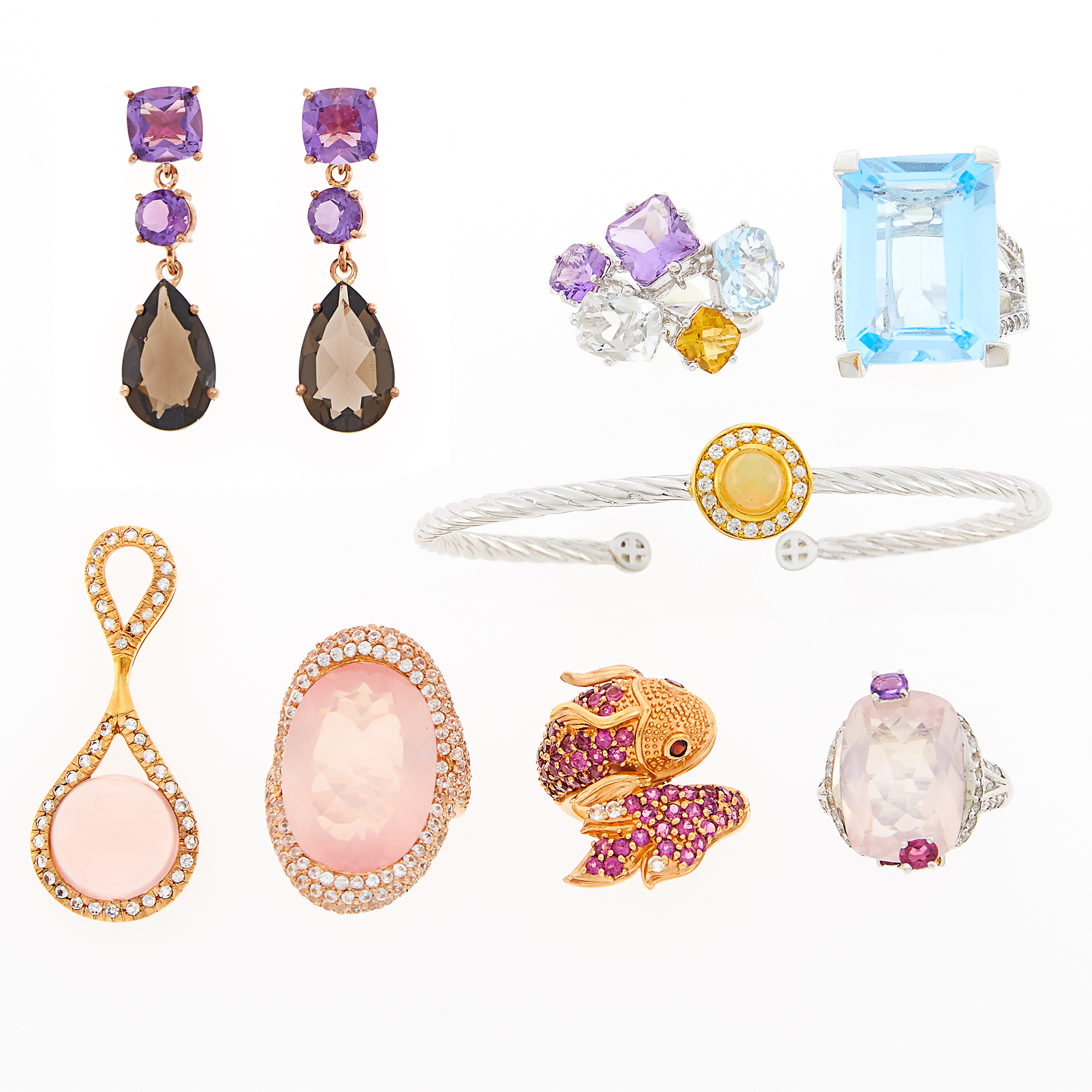 Lot image - Five Yellow, White and Rose Gold-Plated Silver, Simulated Diamond and Gem-Set Rings, Pair of Earrings, Pendant and Bangle Bracelet