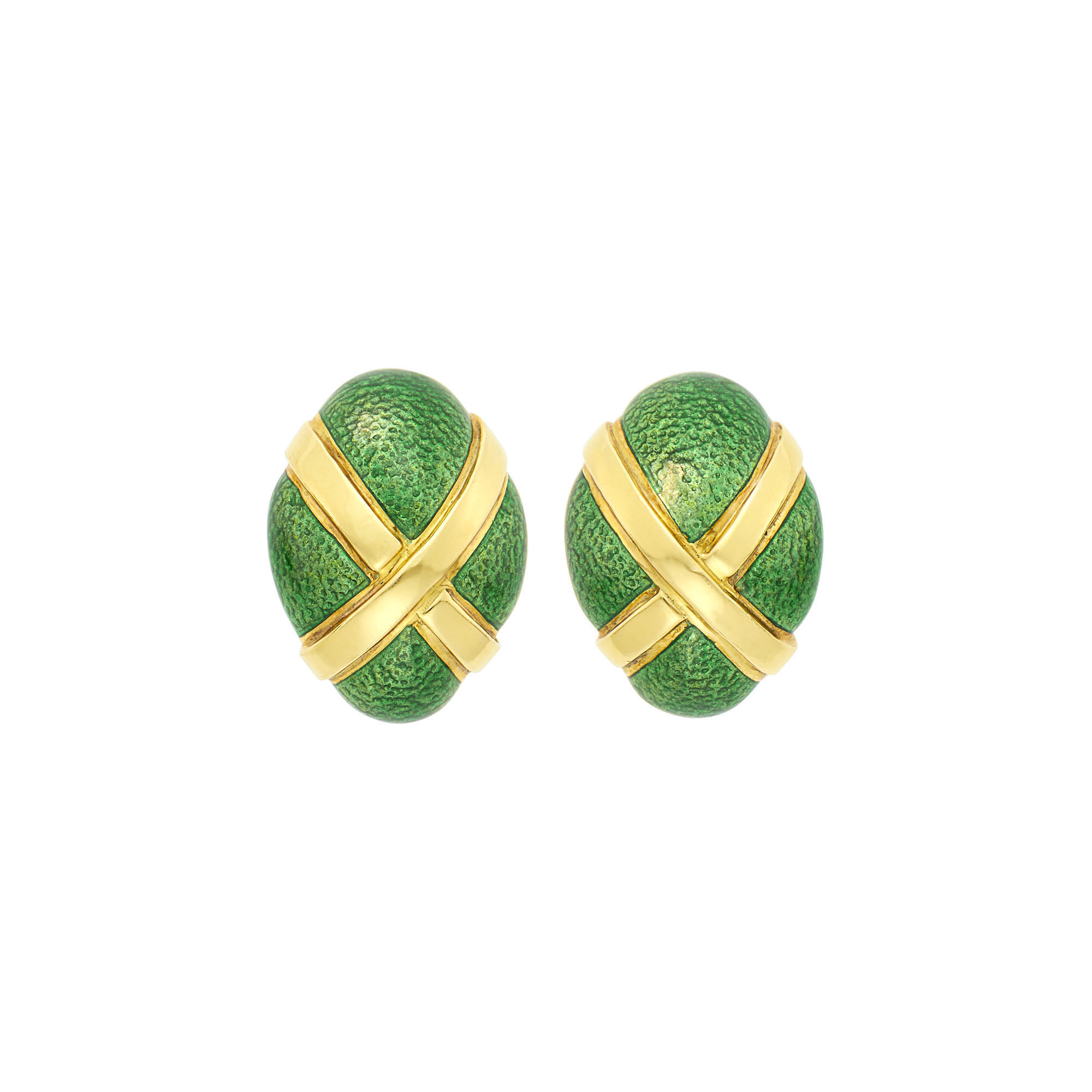 Lot image - David Webb Pair of Gold and Green Enamel Earclips