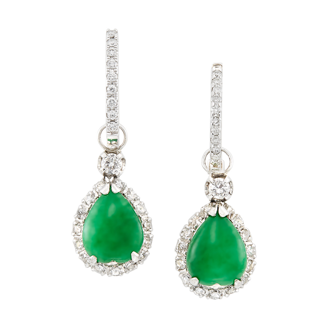 Lot image - Pair of White Gold, Jade and Diamond Pendant-Earrings
